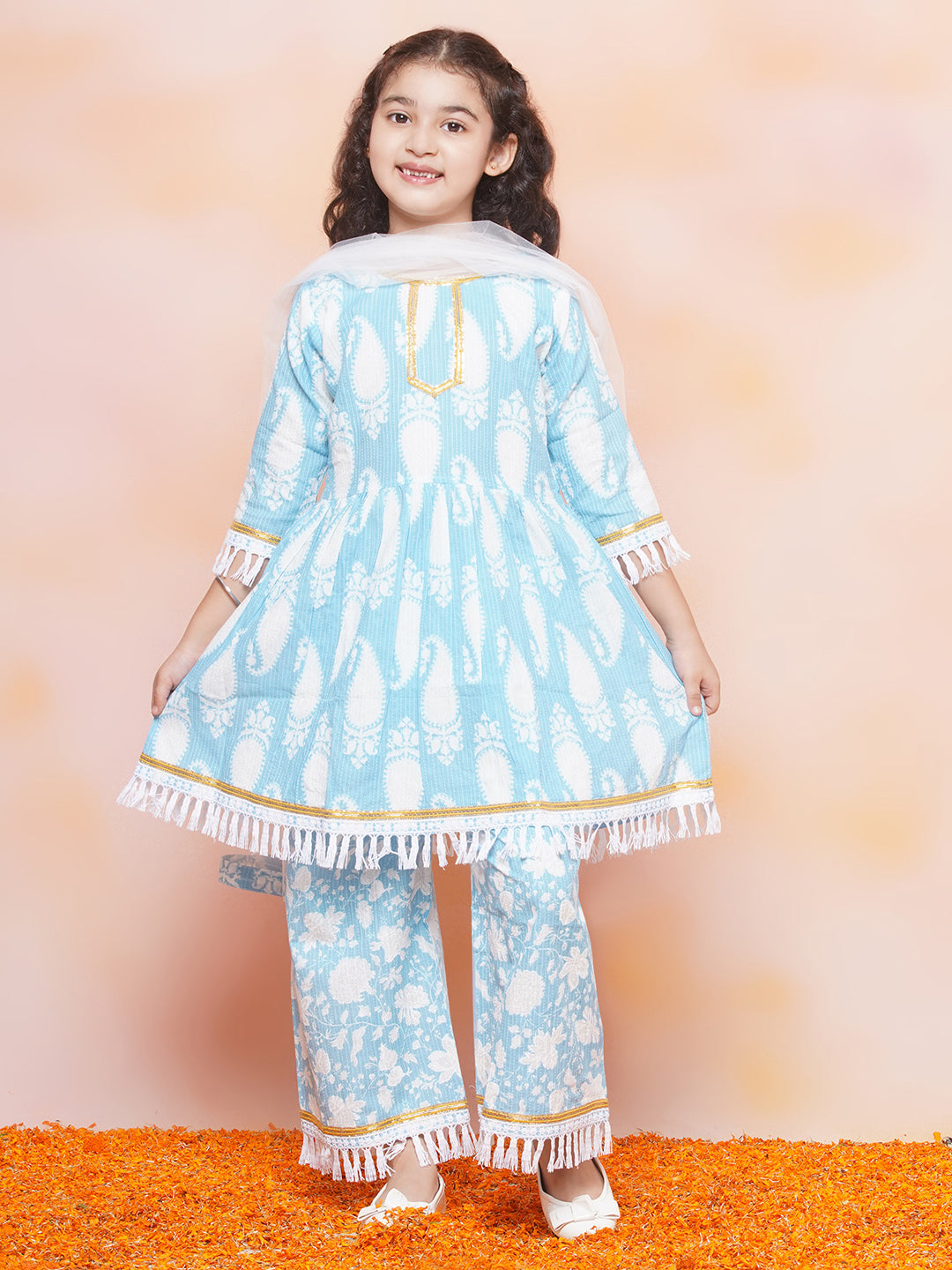 Kids Girls Blue Floral Print Cotton Sharara - AJ Dezines