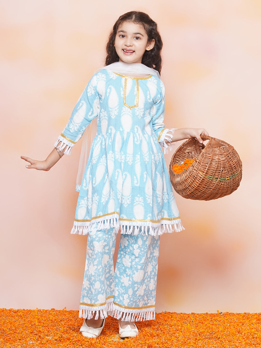 Kids Girls Blue Floral Print Cotton Sharara - AJ Dezines