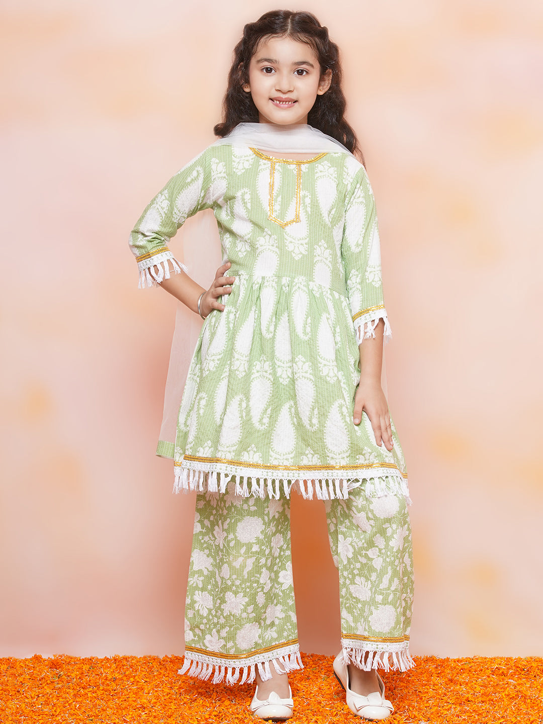 Kids Girls Green Floral Print Cotton Sharara - AJ Dezines