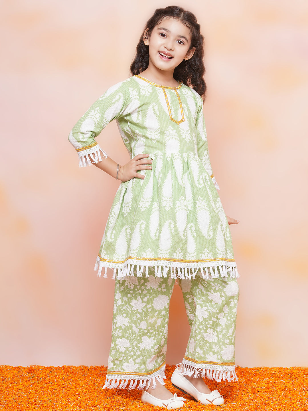 Kids Girls Green Floral Print Cotton Sharara - AJ Dezines
