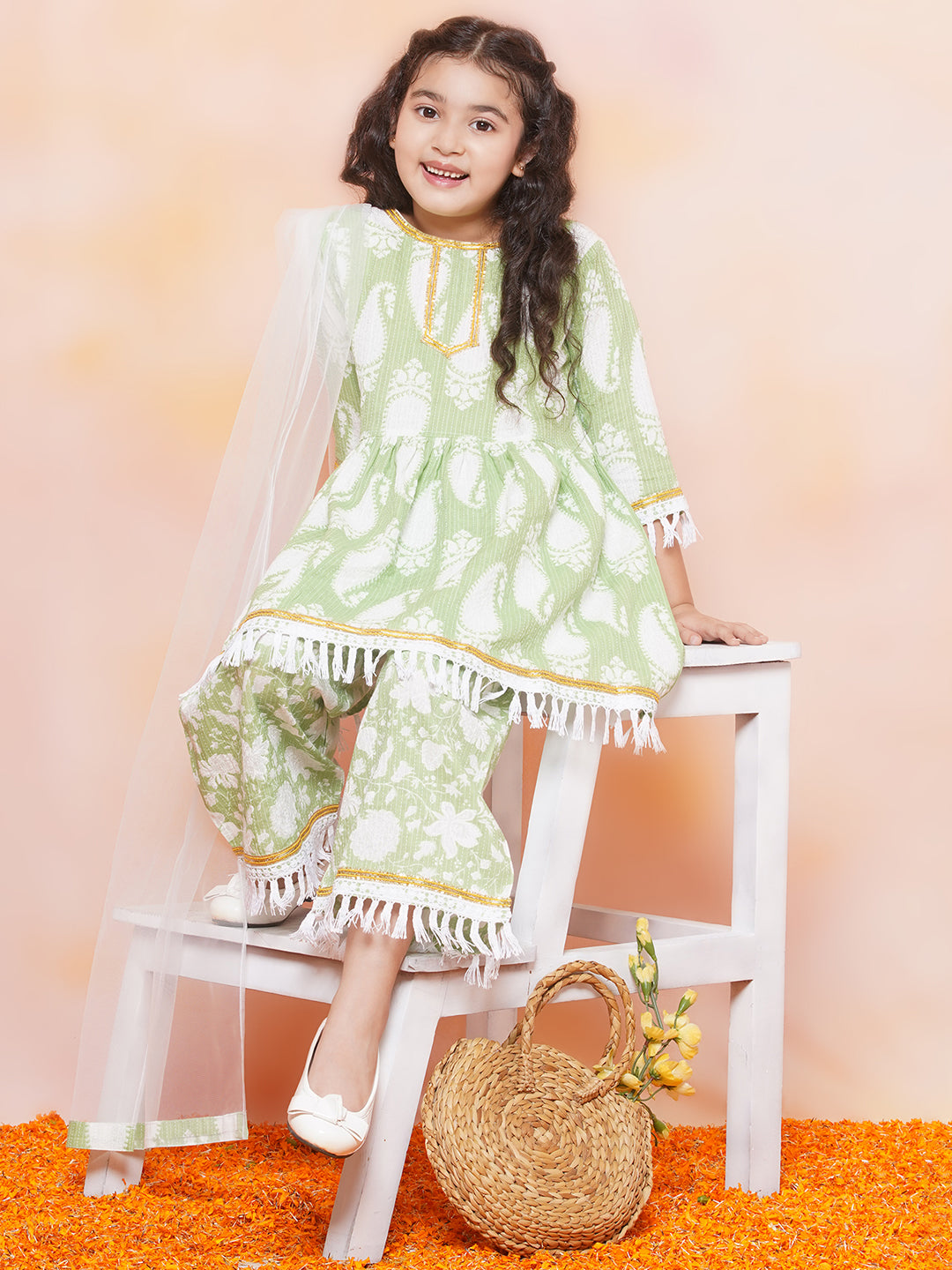 Kids Girls Green Floral Print Cotton Sharara - AJ Dezines