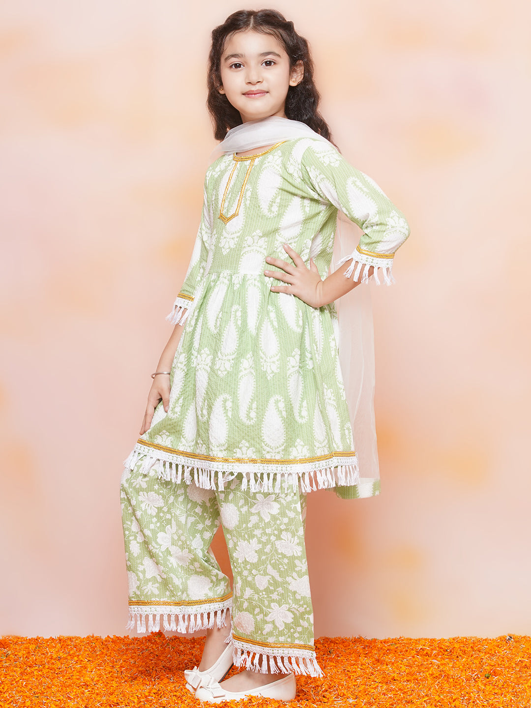 Kids Girls Green Floral Print Cotton Sharara - AJ Dezines