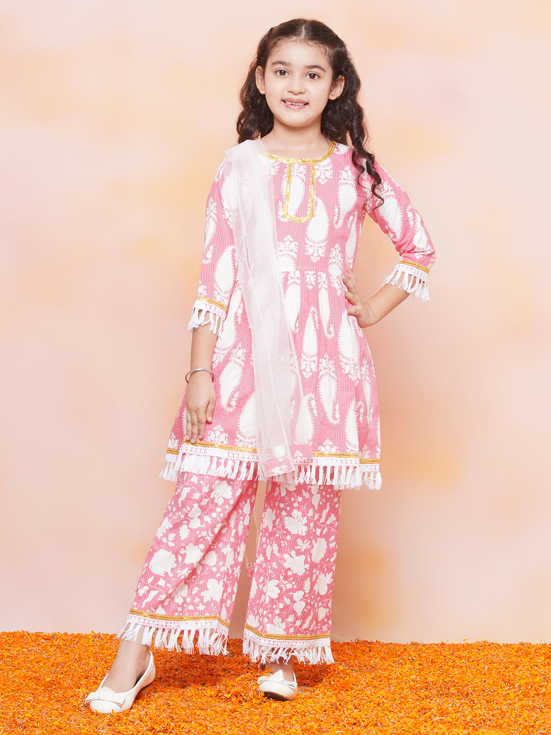 Kids Girls Pink Floral Print Cotton Sharara - AJ Dezines
