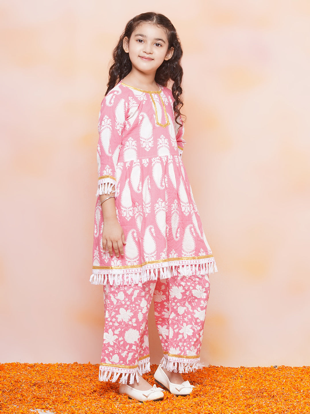 Kids Girls Pink Floral Print Cotton Sharara - AJ Dezines