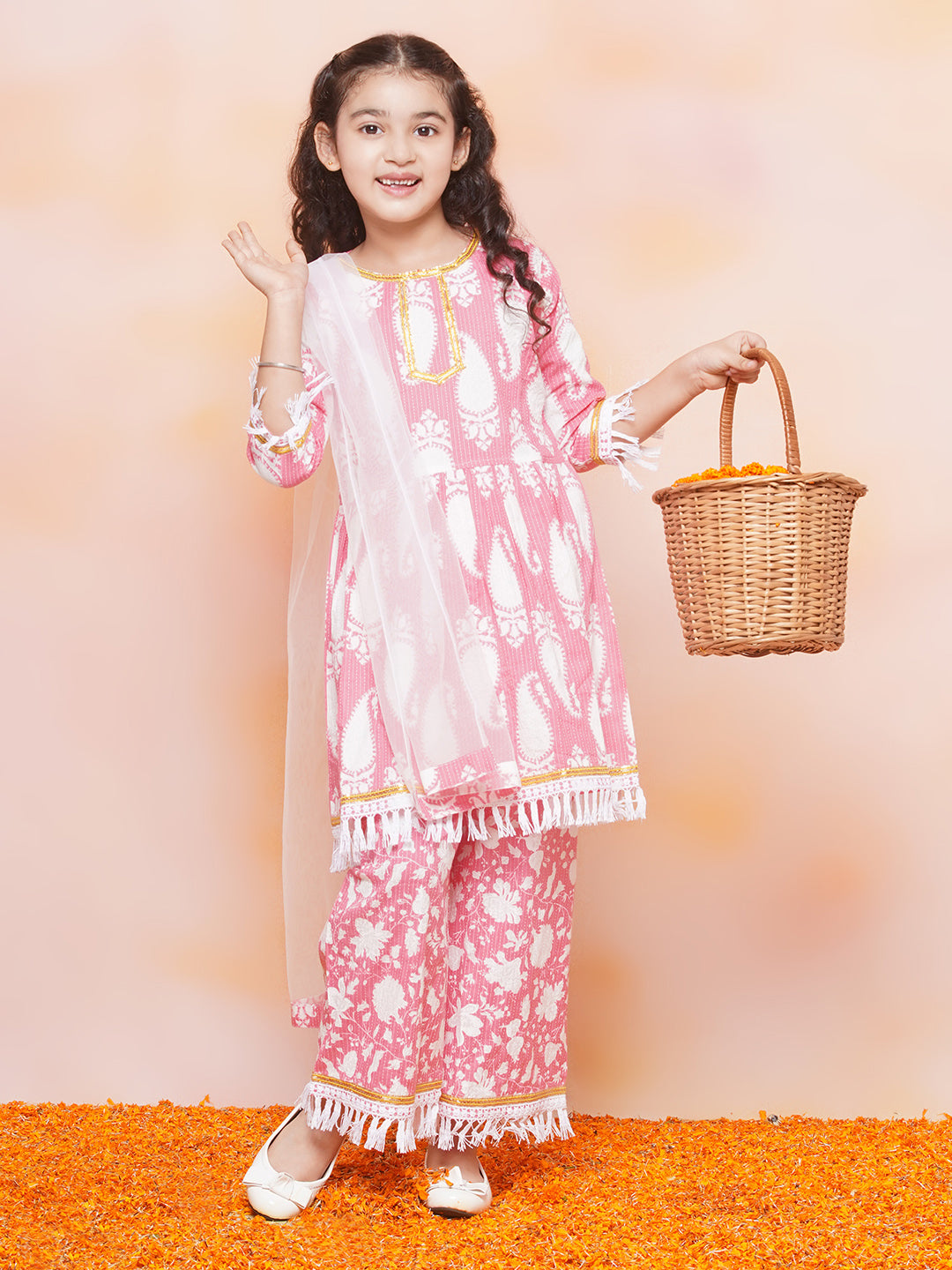 Kids Girls Pink Floral Print Cotton Sharara - AJ Dezines