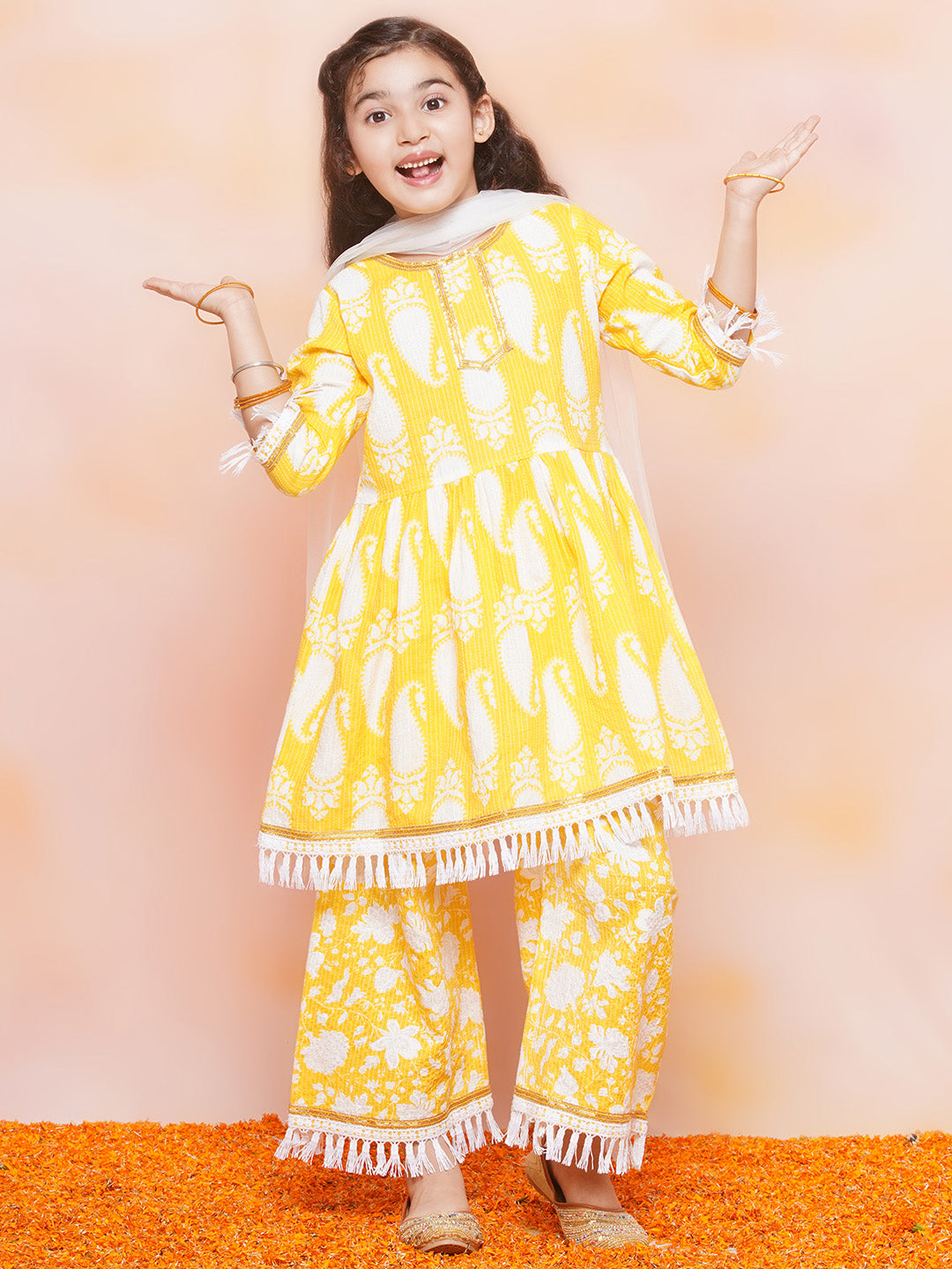 Kids Girls Yellow Floral Print Cotton Sharara - AJ Dezines