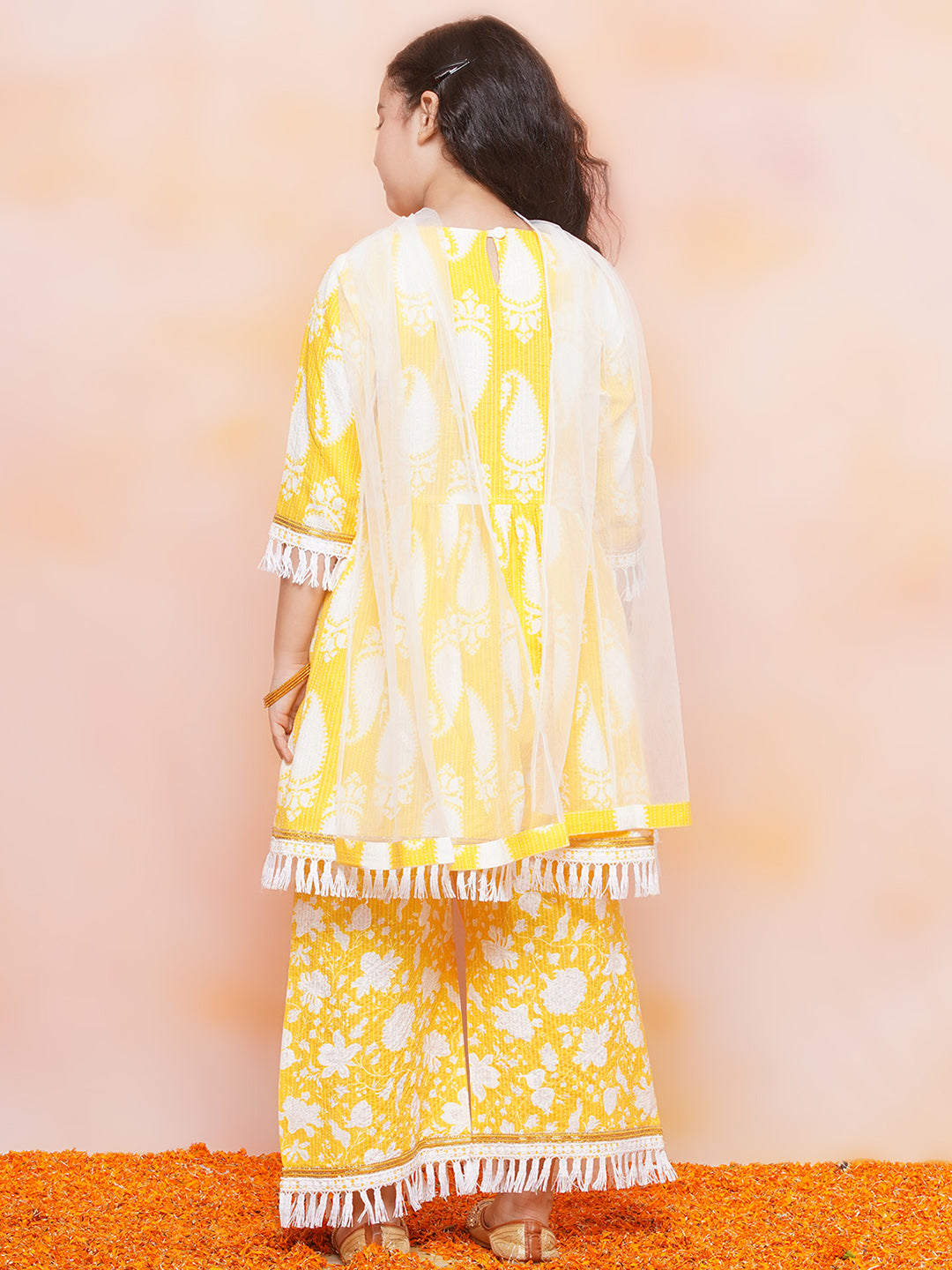 Kids Girls Yellow Floral Print Cotton Sharara - AJ Dezines