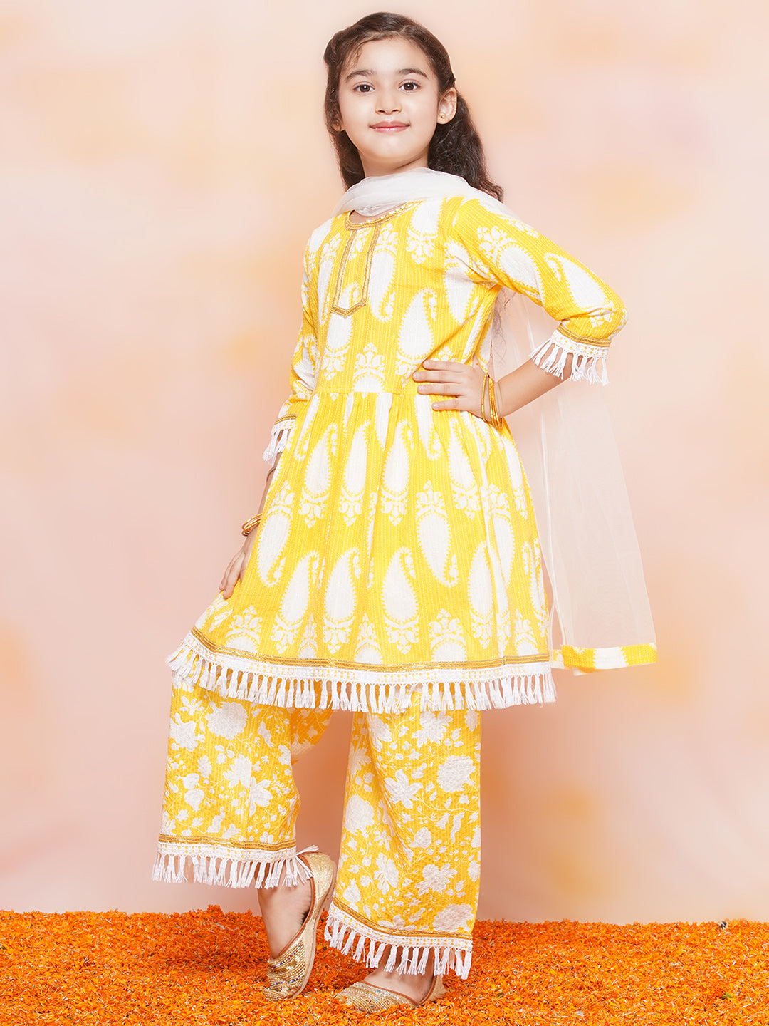 Kids Girls Yellow Floral Print Cotton Sharara - AJ Dezines