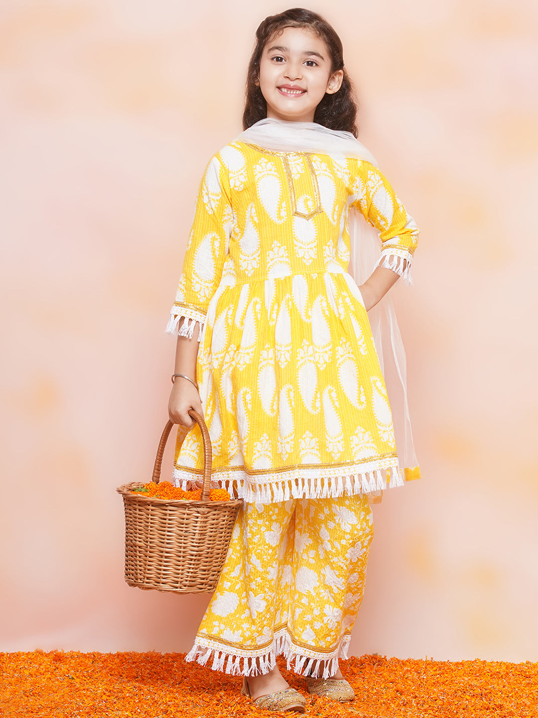 Kids Girls Yellow Floral Print Cotton Sharara - AJ Dezines