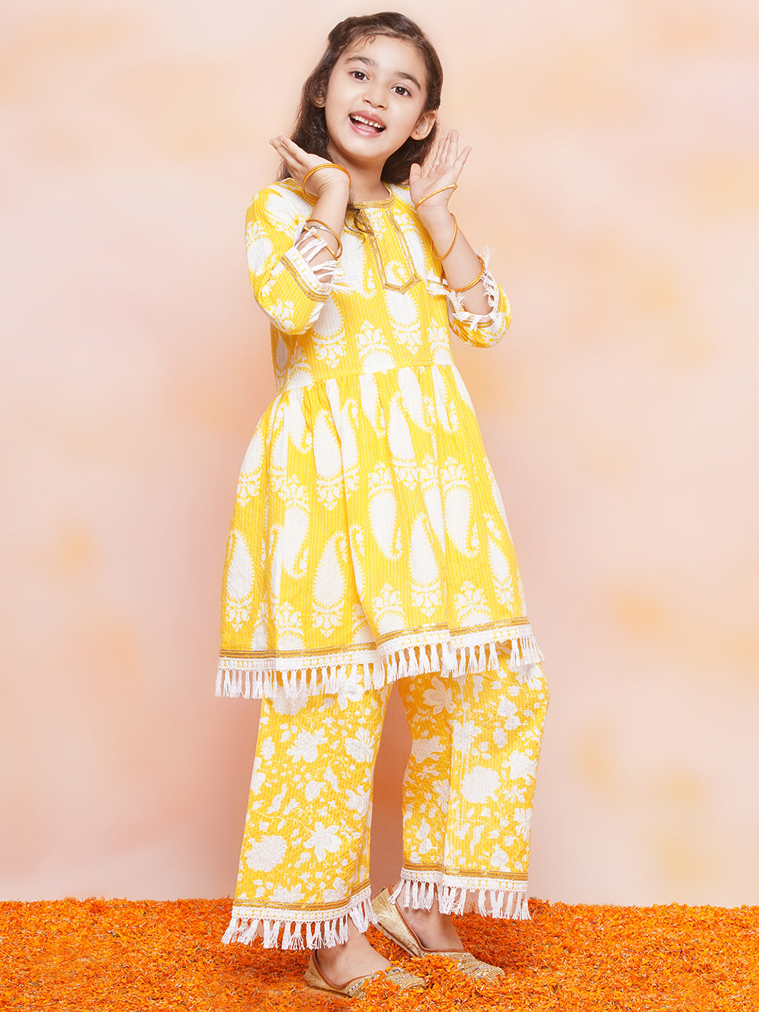 Kids Girls Yellow Floral Print Cotton Sharara - AJ Dezines