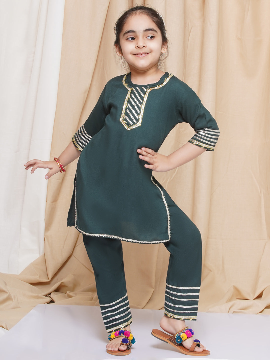 Kids Girls Green Gotta Work Rayon Kurta Pyjama Set - AJ Dezines