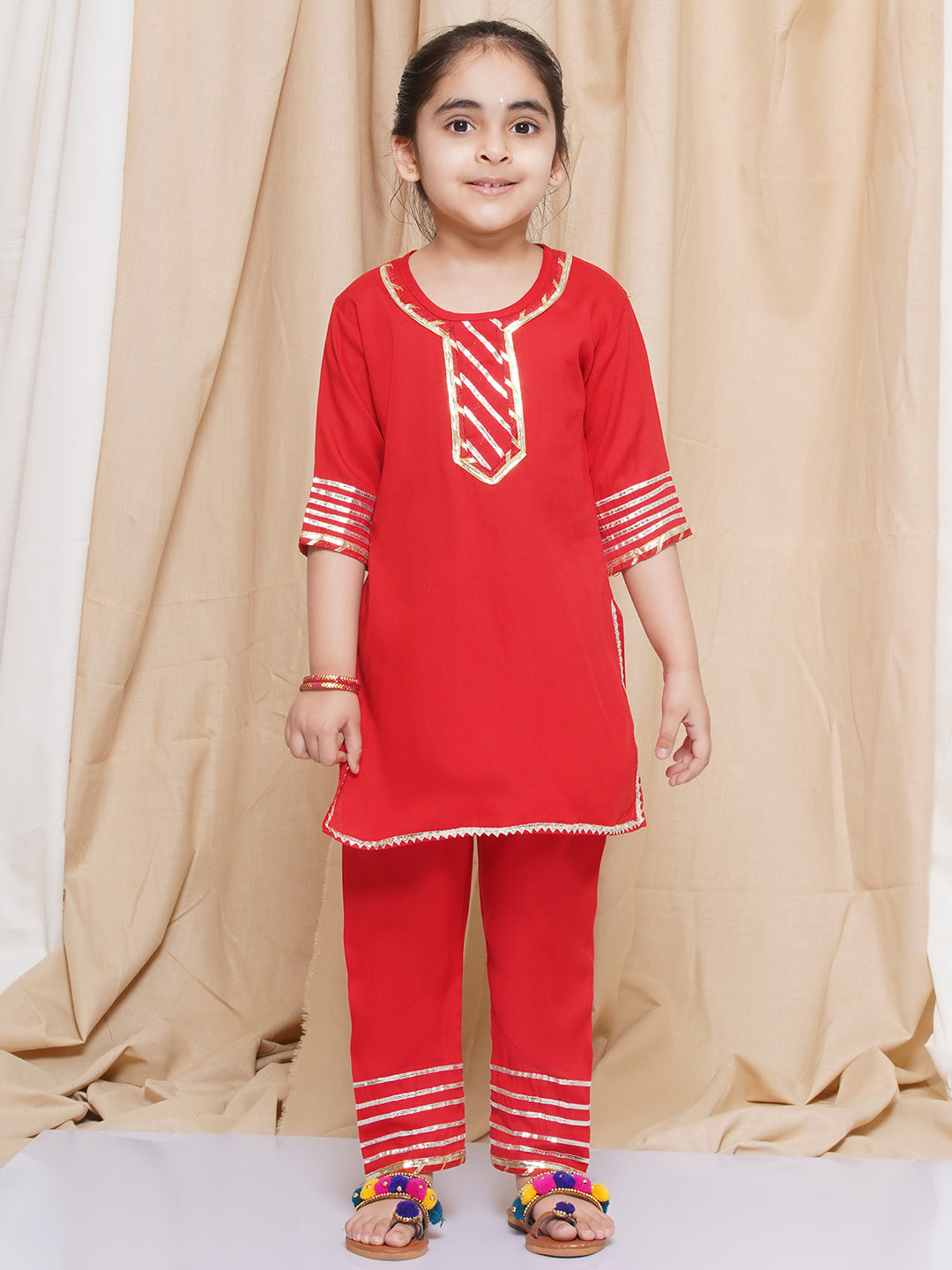 Kids Girls Red Gotta Work Rayon Kurta Pyjama Set - AJ Dezines