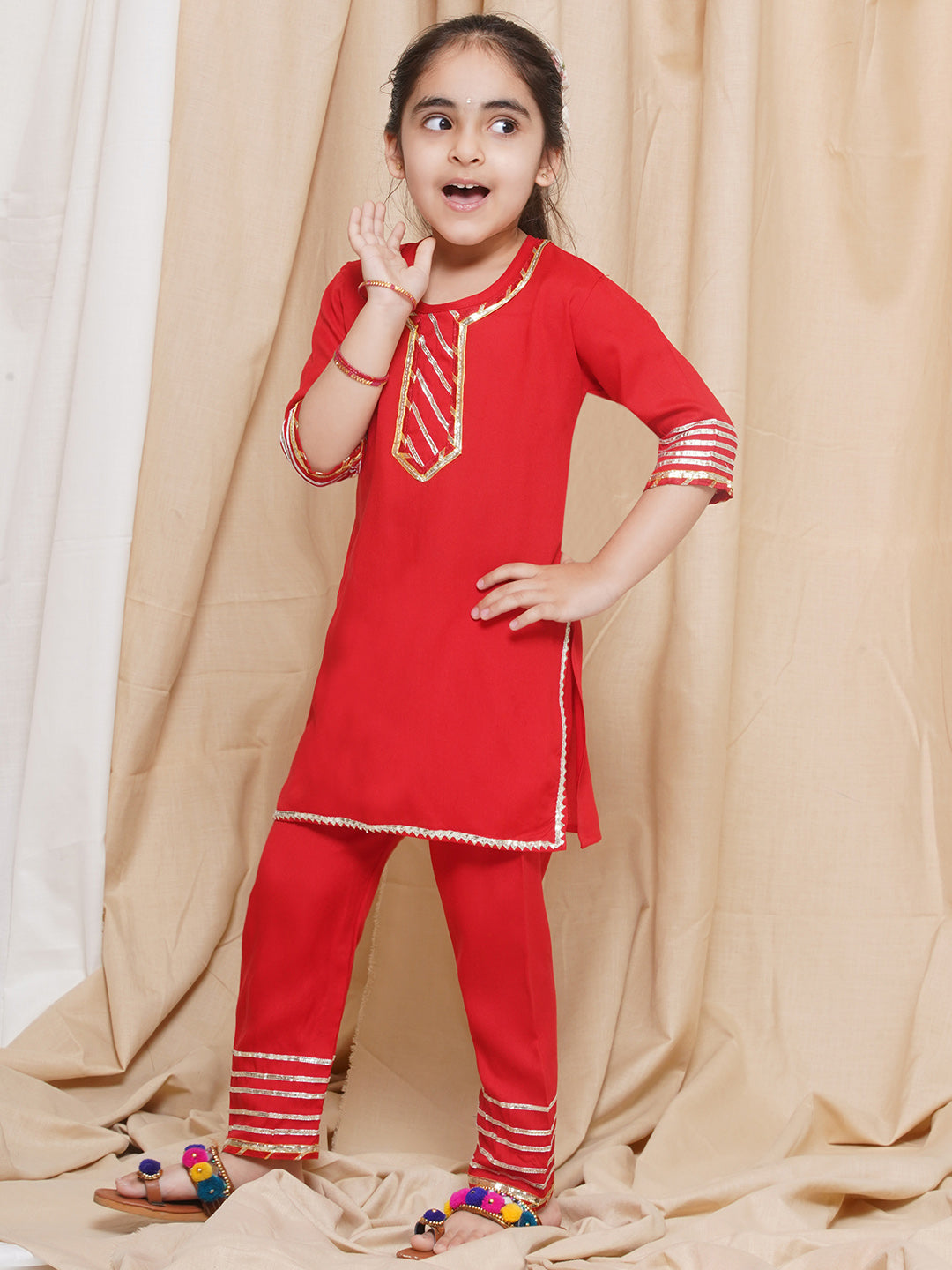 Kids Girls Red Gotta Work Rayon Kurta Pyjama Set - AJ Dezines
