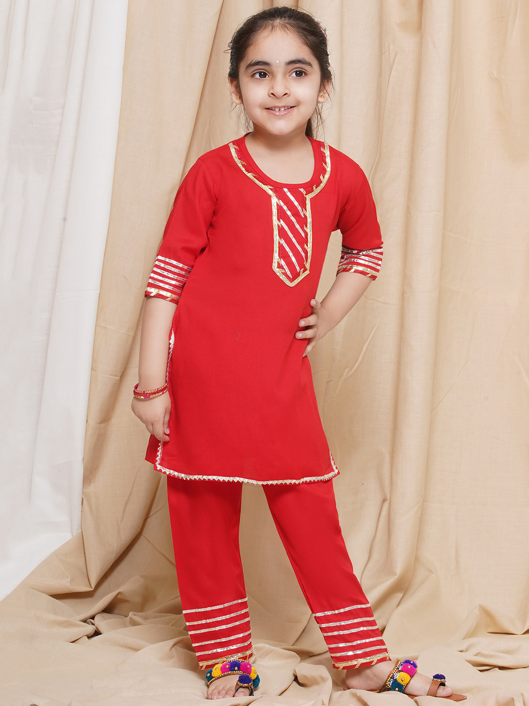 Kids Girls Red Gotta Work Rayon Kurta Pyjama Set - AJ Dezines