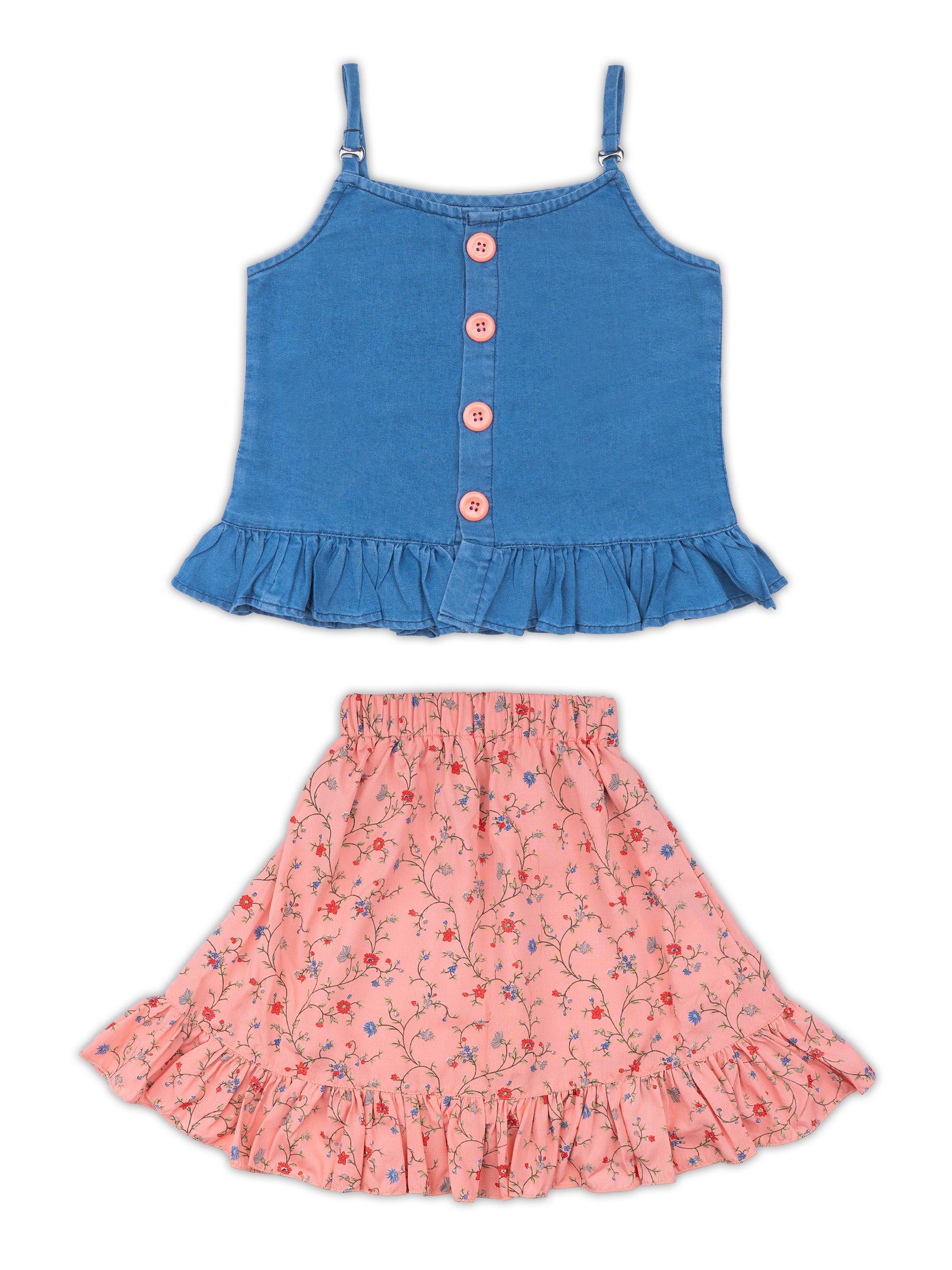 Girls Peach Solid Denim Top & Bottom Set for Kids - AJ Dezines