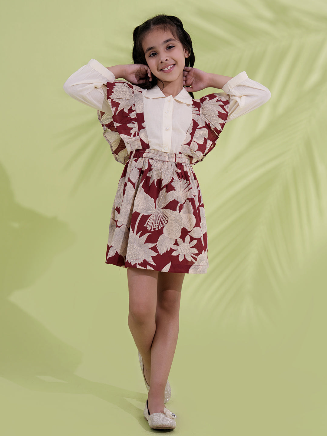 Maroon Cotton 3/4th Sleeves Floral Printed Girls Dress with Shirt - AJ Dezines