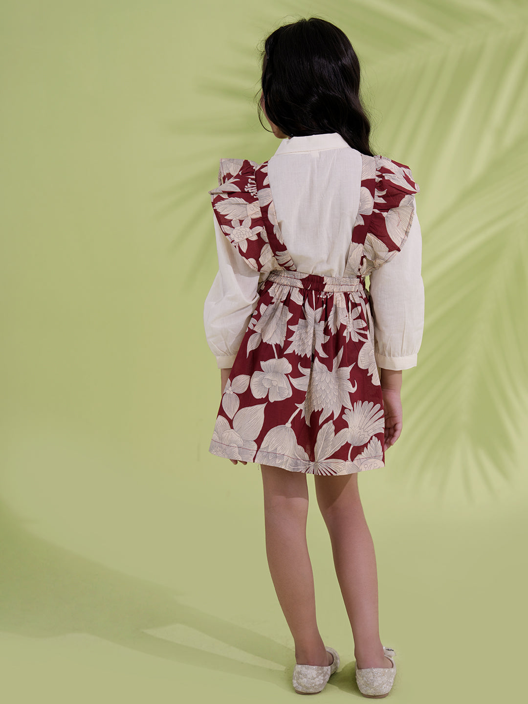 Maroon Cotton 3/4th Sleeves Floral Printed Girls Dress with Shirt - AJ Dezines