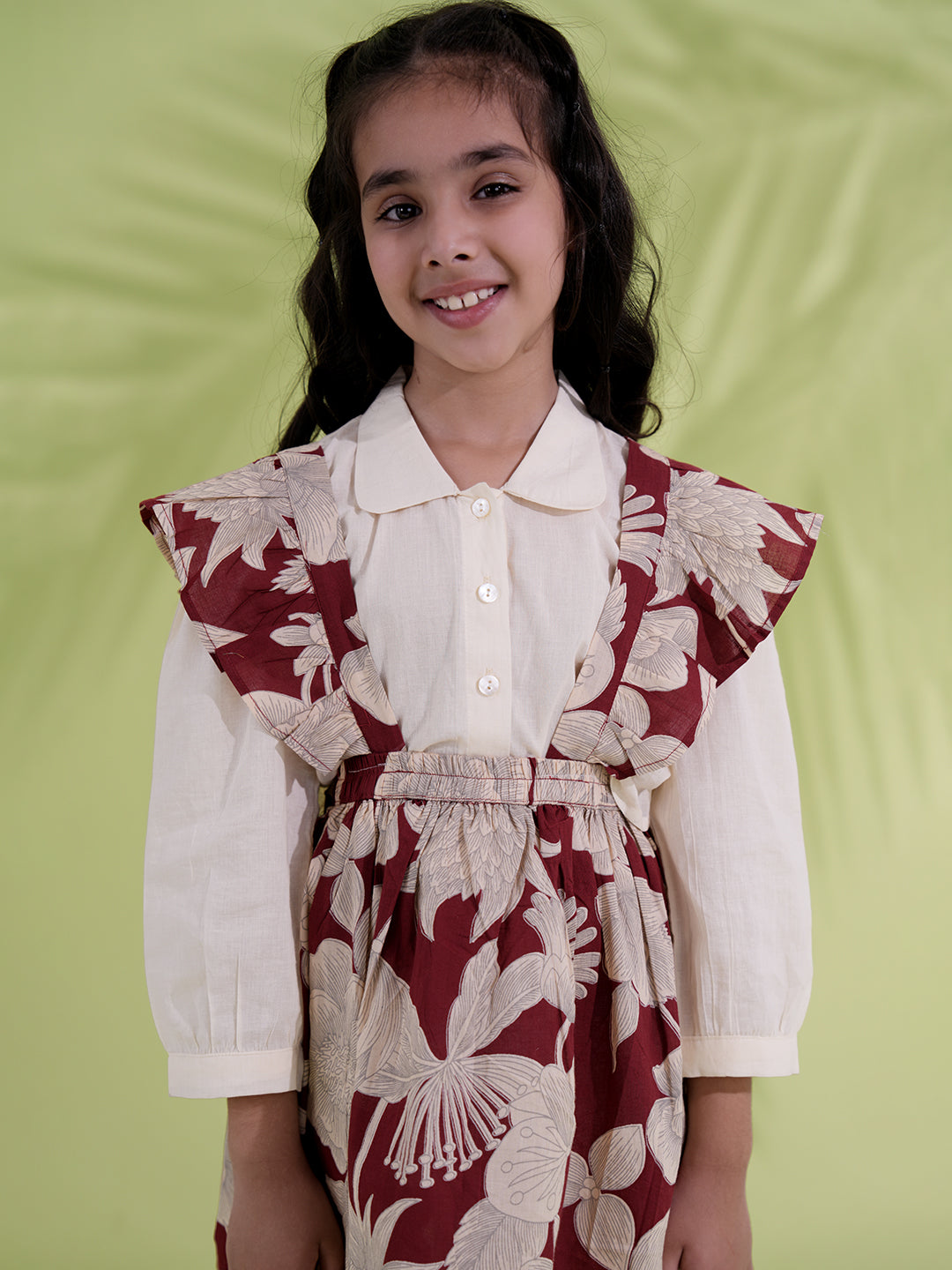 Maroon Cotton 3/4th Sleeves Floral Printed Girls Dress with Shirt - AJ Dezines