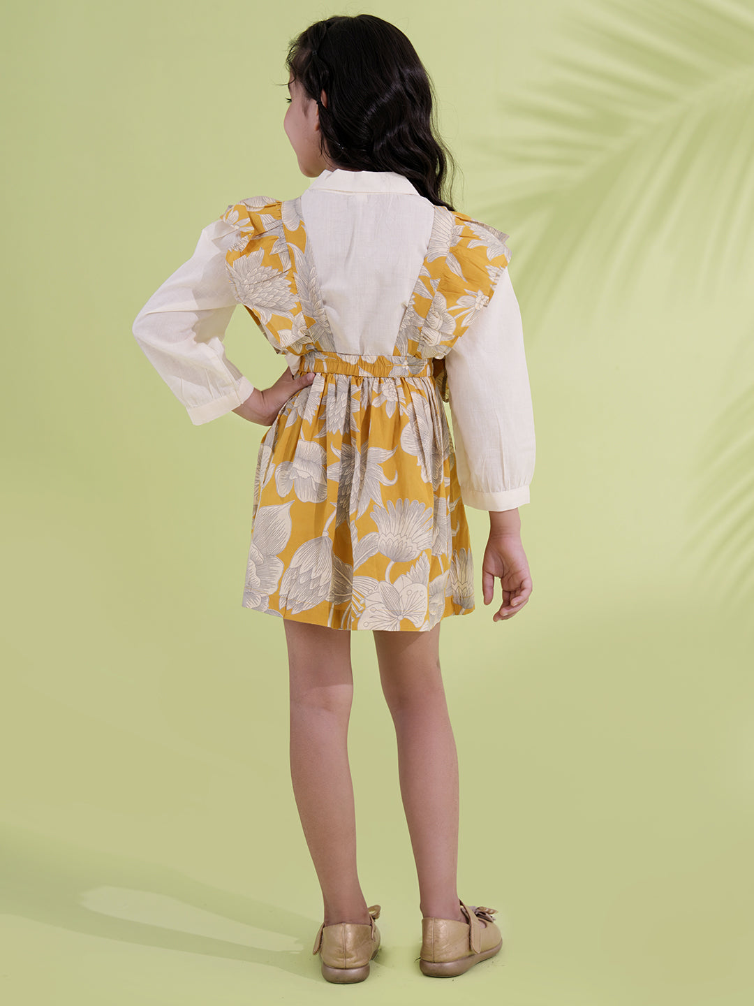 Mustard Cotton 3/4th Sleeves Floral Printed Girls Dress with Shirt - AJ Dezines