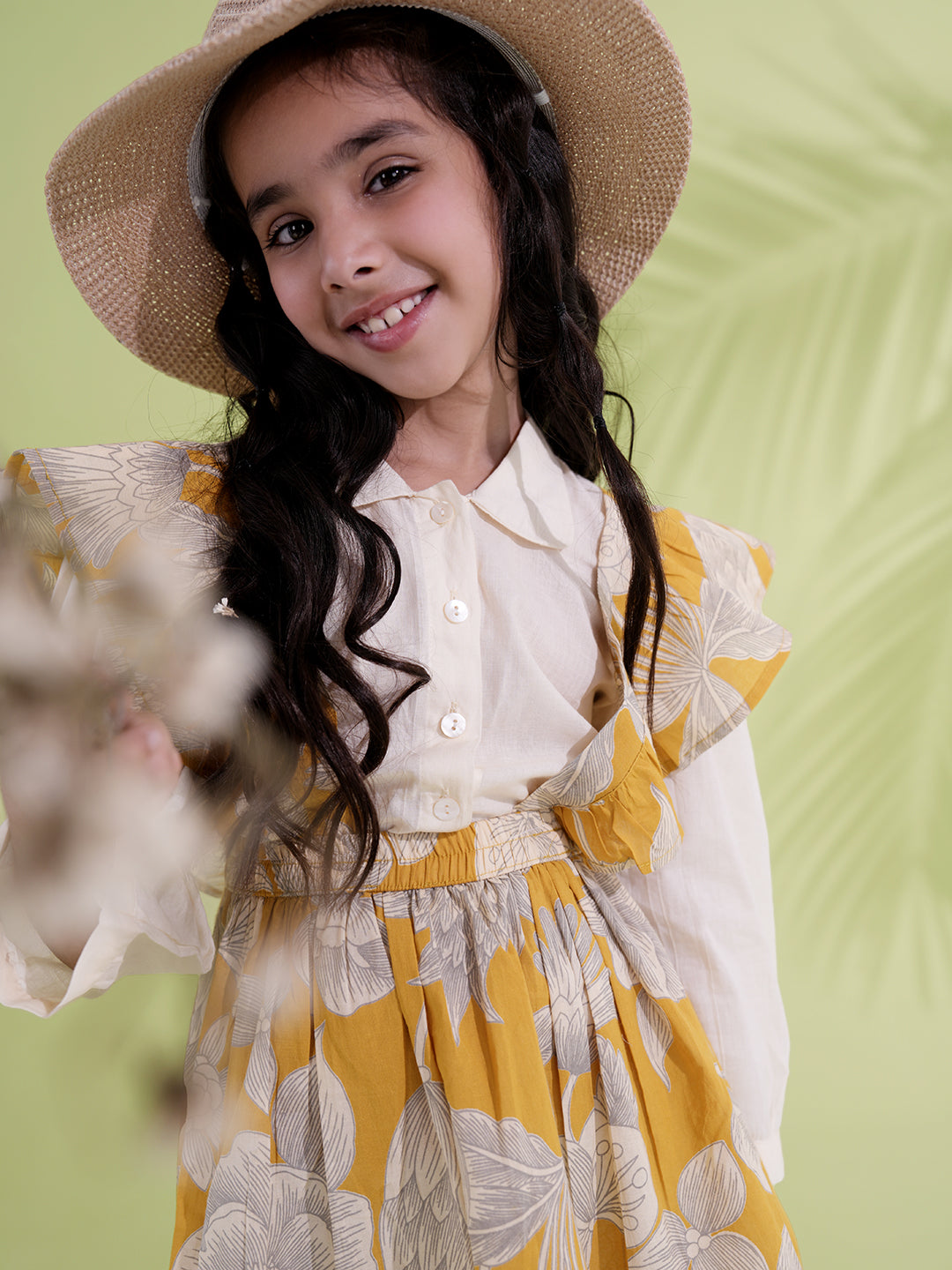Mustard Cotton 3/4th Sleeves Floral Printed Girls Dress with Shirt - AJ Dezines