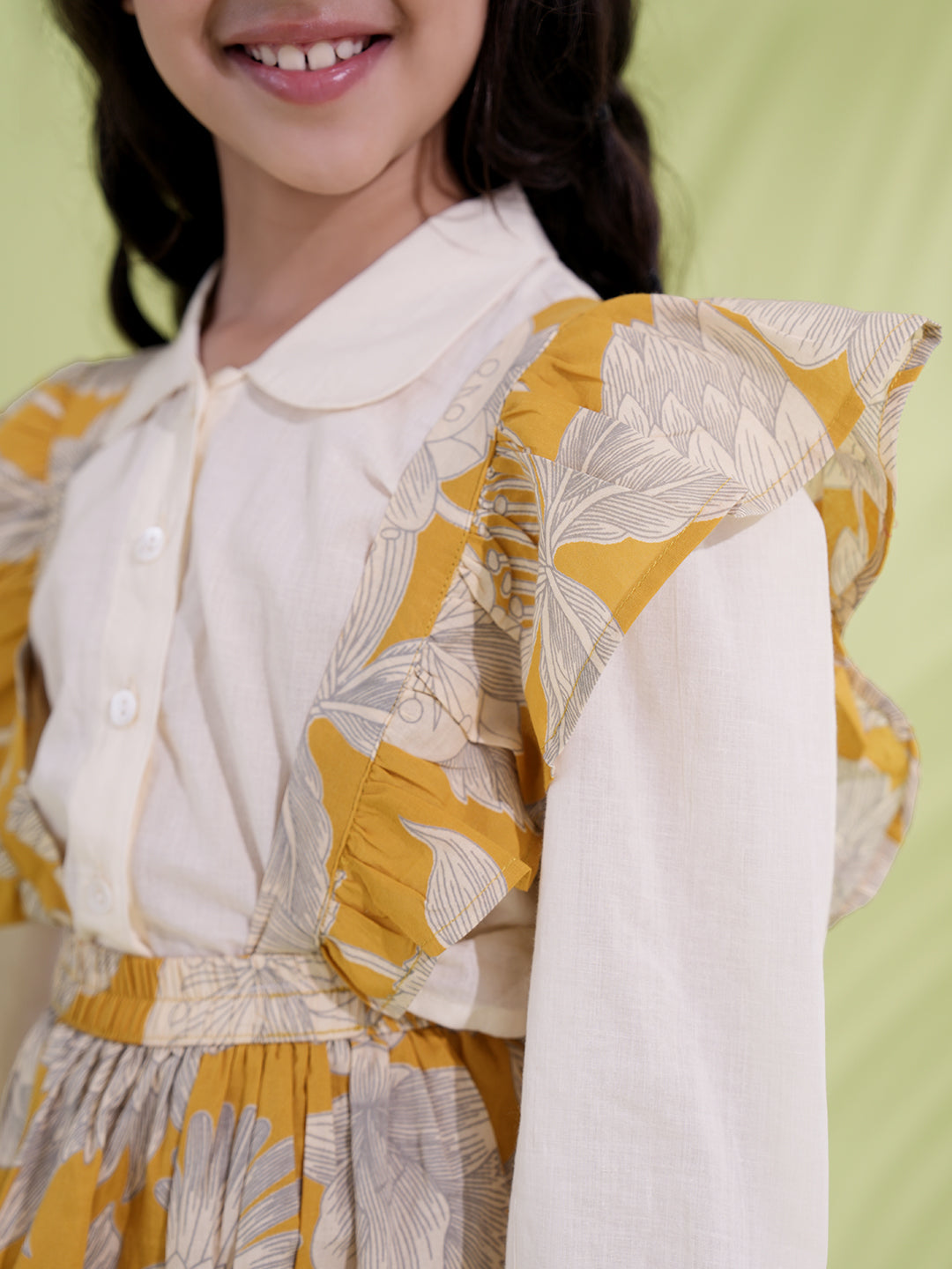 Mustard Cotton 3/4th Sleeves Floral Printed Girls Dress with Shirt - AJ Dezines