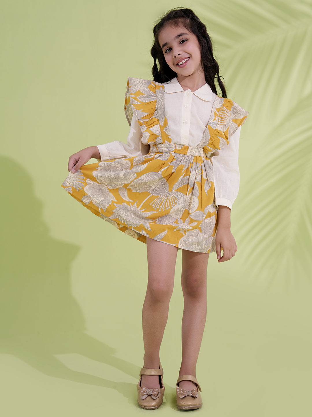 Mustard Cotton 3/4th Sleeves Floral Printed Girls Dress with Shirt - AJ Dezines