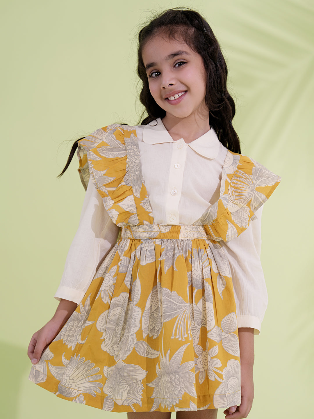 Mustard Cotton 3/4th Sleeves Floral Printed Girls Dress with Shirt - AJ Dezines