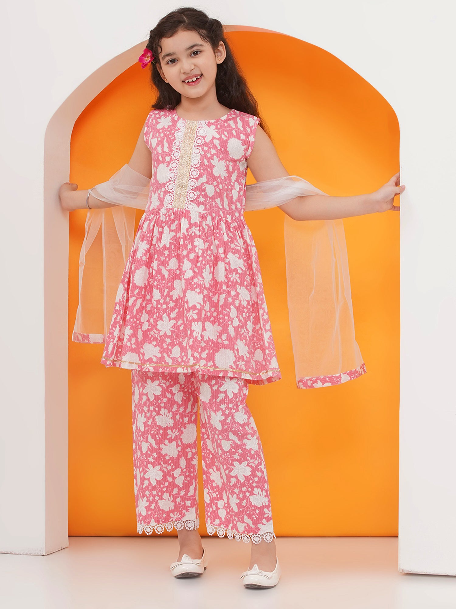 Pink Pure Cotton Sleeveless Floral PrintSuit Set for Girls - AJ Dezines