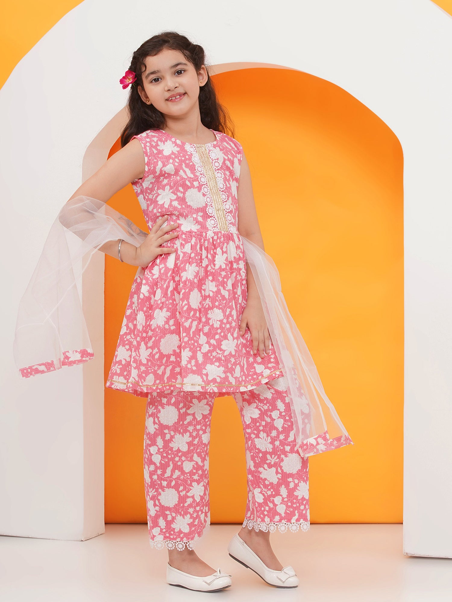 Pink Pure Cotton Sleeveless Floral PrintSuit Set for Girls - AJ Dezines