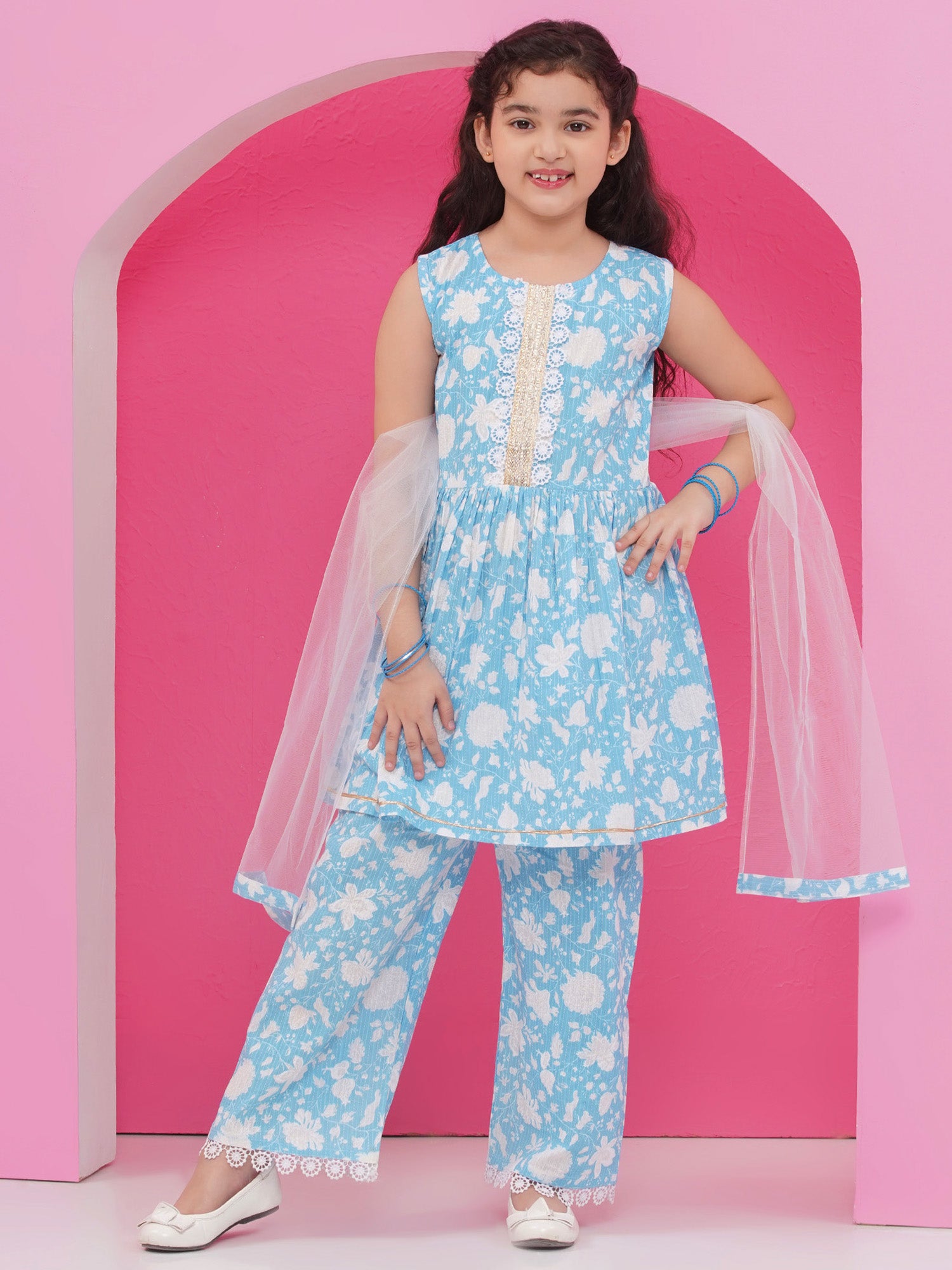 Sky Blue Pure Cotton Sleeveless Floral Print Suit Set for Girls - AJ Dezines