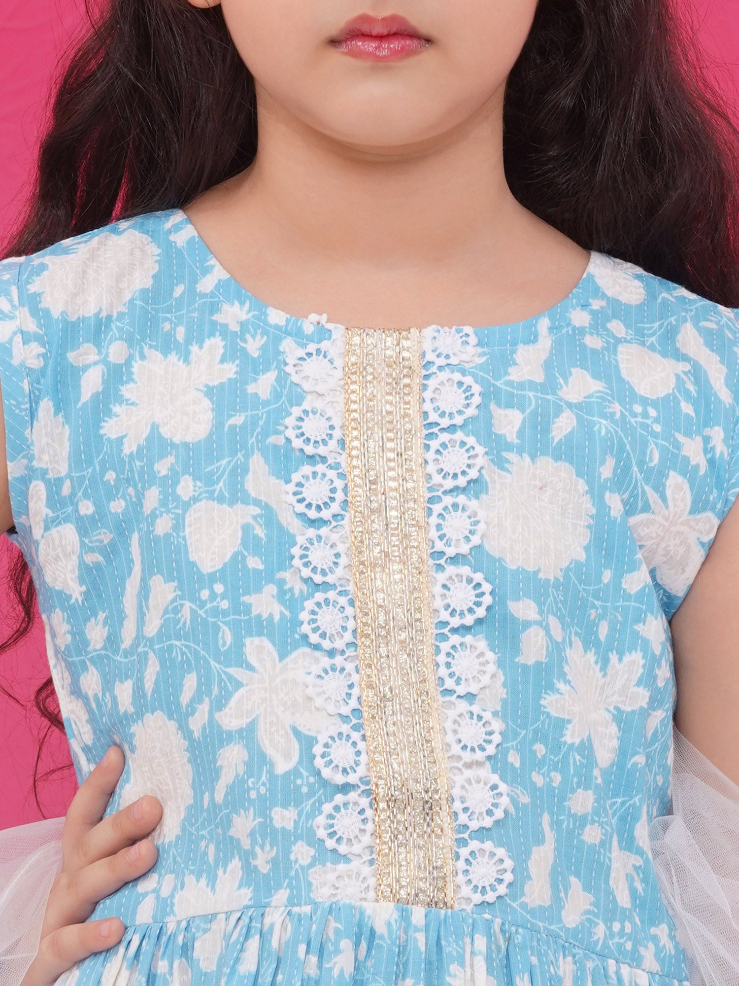 Sky Blue Pure Cotton Sleeveless Floral Print Suit Set for Girls - AJ Dezines