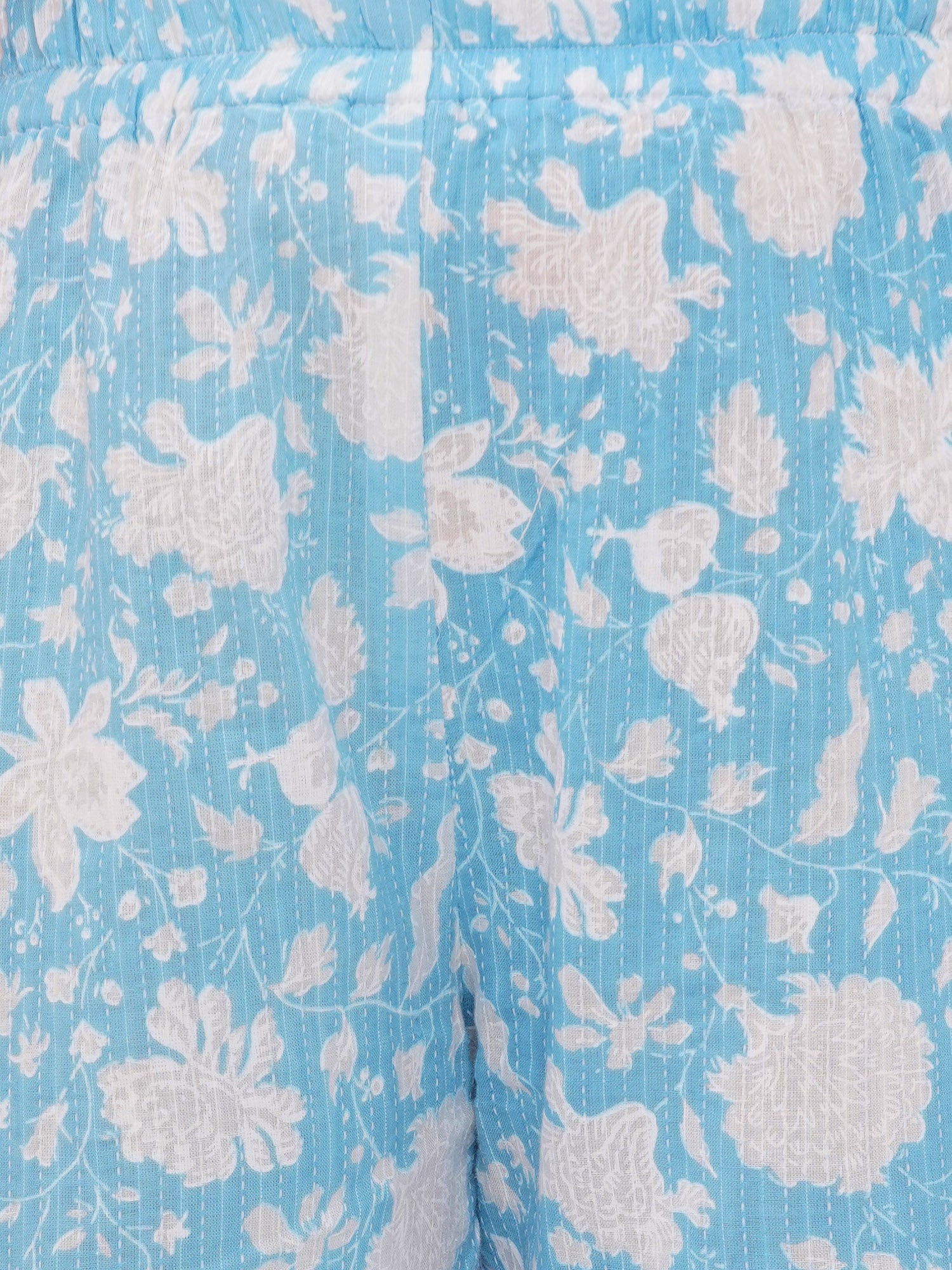 Sky Blue Pure Cotton Sleeveless Floral Print Suit Set for Girls - AJ Dezines
