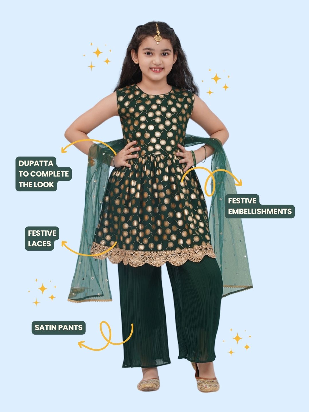 Dark Green Georgette Sleeveless Motif Foil Print Suit Set for Girls - AJ Dezines