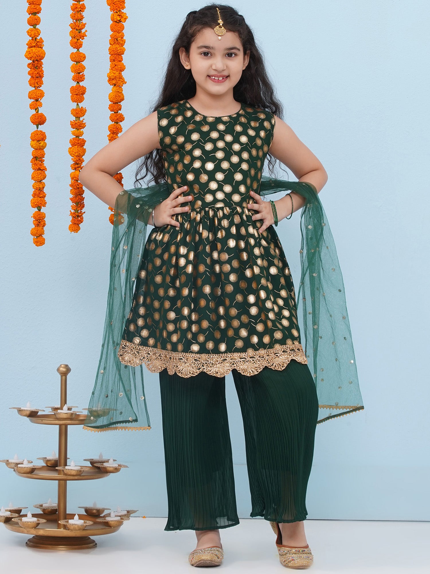 Dark Green Georgette Sleeveless Motif Foil Print Suit Set for Girls - AJ Dezines