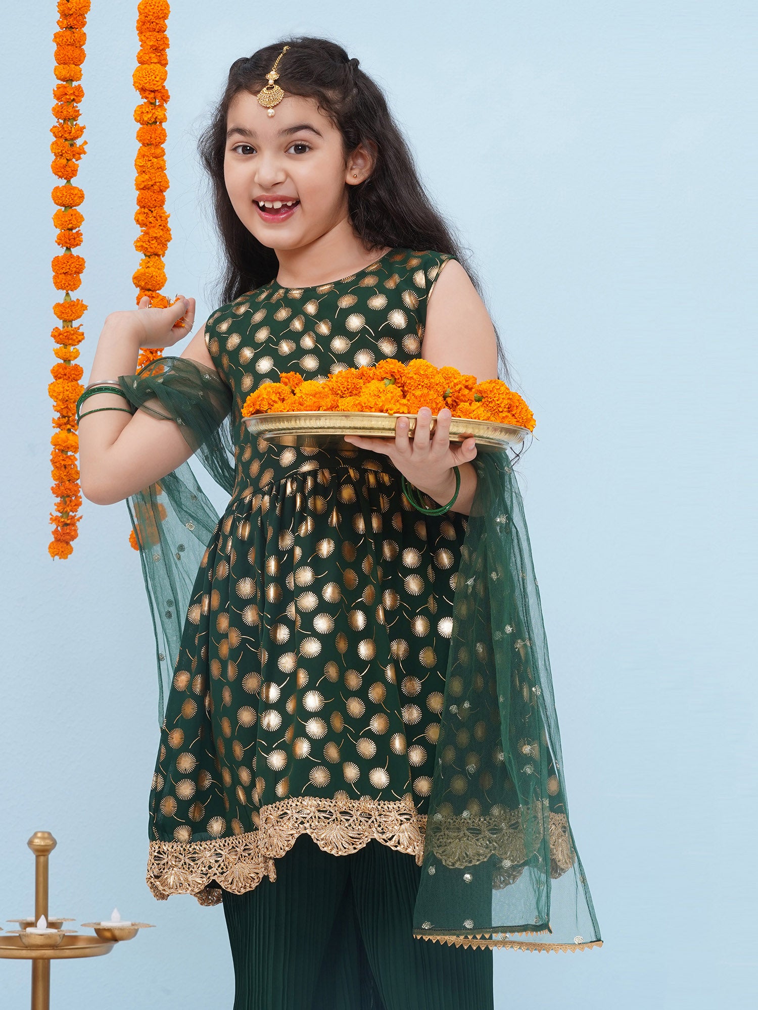Dark Green Georgette Sleeveless Motif Foil Print Suit Set for Girls - AJ Dezines
