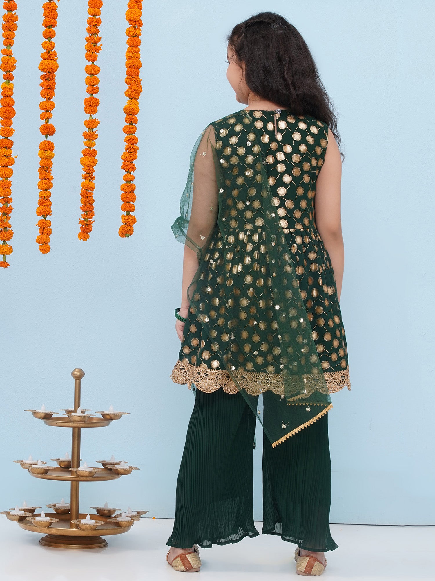 Dark Green Georgette Sleeveless Motif Foil Print Suit Set for Girls - AJ Dezines