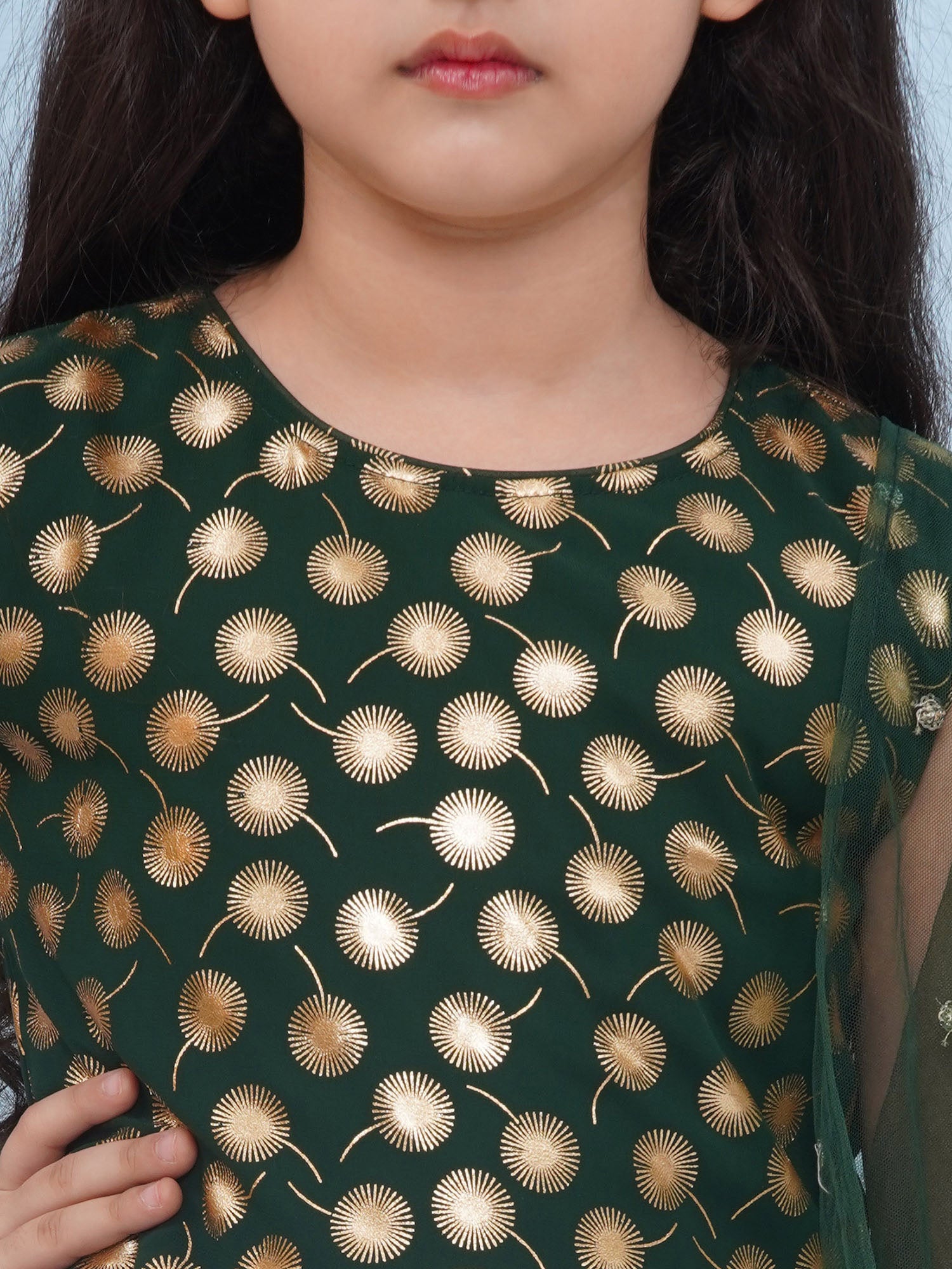 Dark Green Georgette Sleeveless Motif Foil Print Suit Set for Girls - AJ Dezines