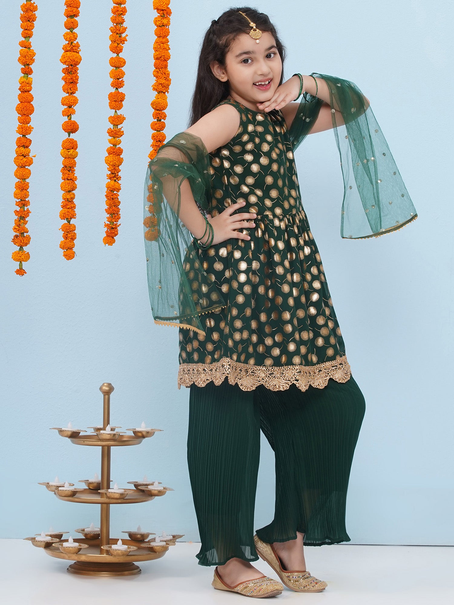 Dark Green Georgette Sleeveless Motif Foil Print Suit Set for Girls - AJ Dezines