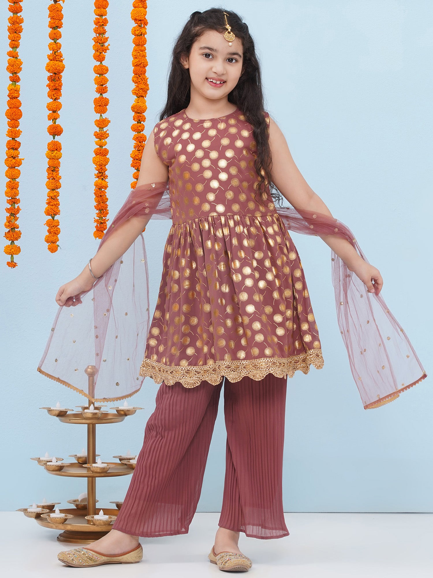 Pink Georgette Sleeveless Motif Foil Print  Suit Set for Girls - AJ Dezines