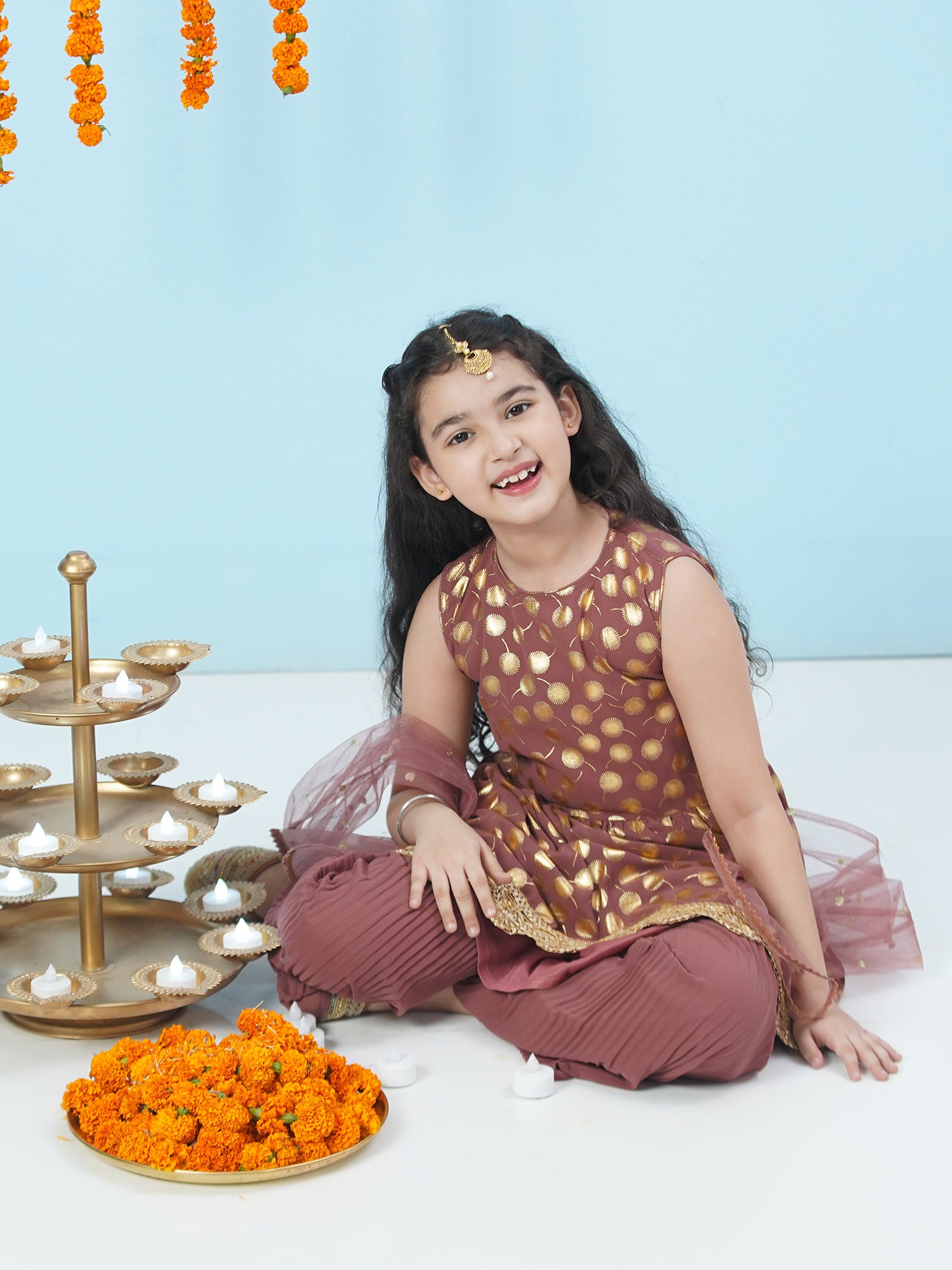 Pink Georgette Sleeveless Motif Foil Print  Suit Set for Girls - AJ Dezines
