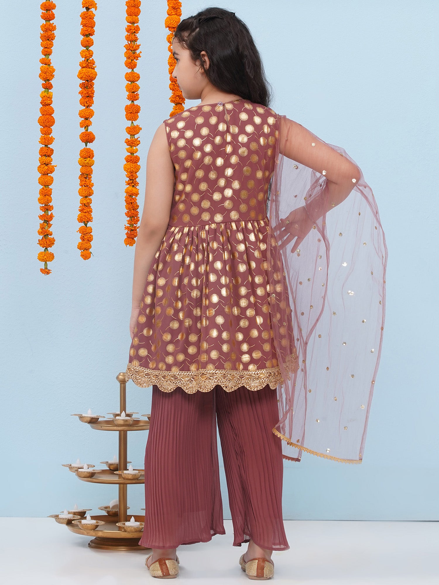Pink Georgette Sleeveless Motif Foil Print  Suit Set for Girls - AJ Dezines