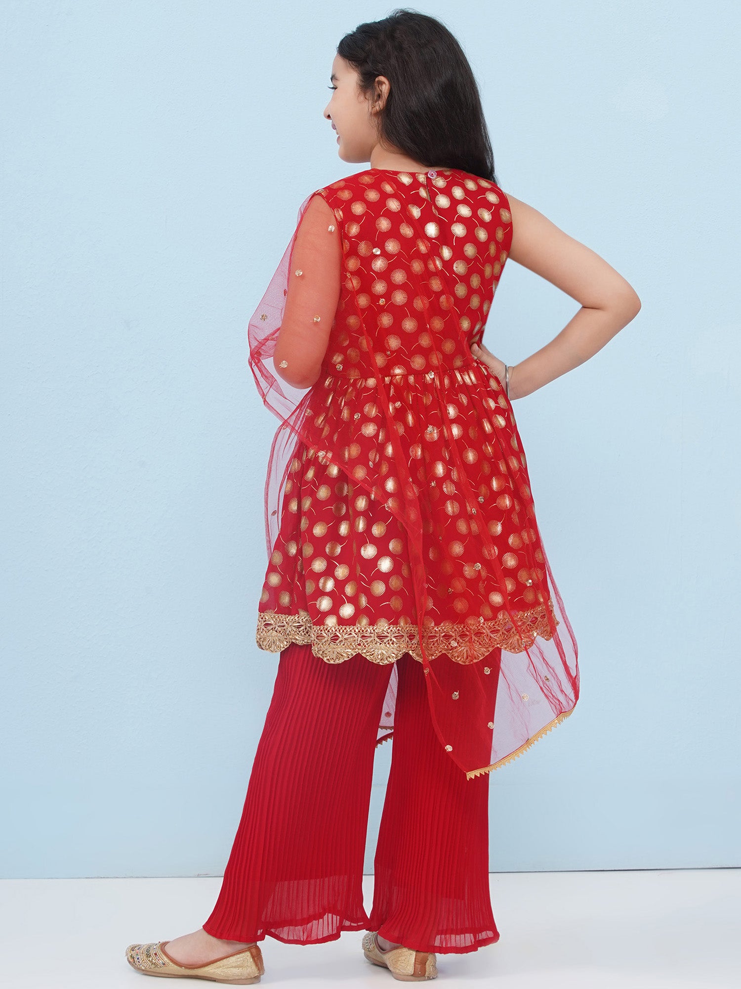 Red Georgette Sleeveless Motif Foil Print Suit Set for Girls - AJ Dezines