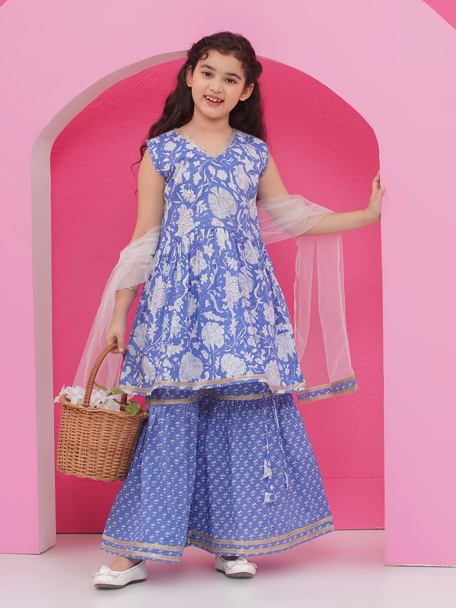 Blue Pure Cotton Sleeveless Floral Print Sharara Set for Girls - AJ Dezines