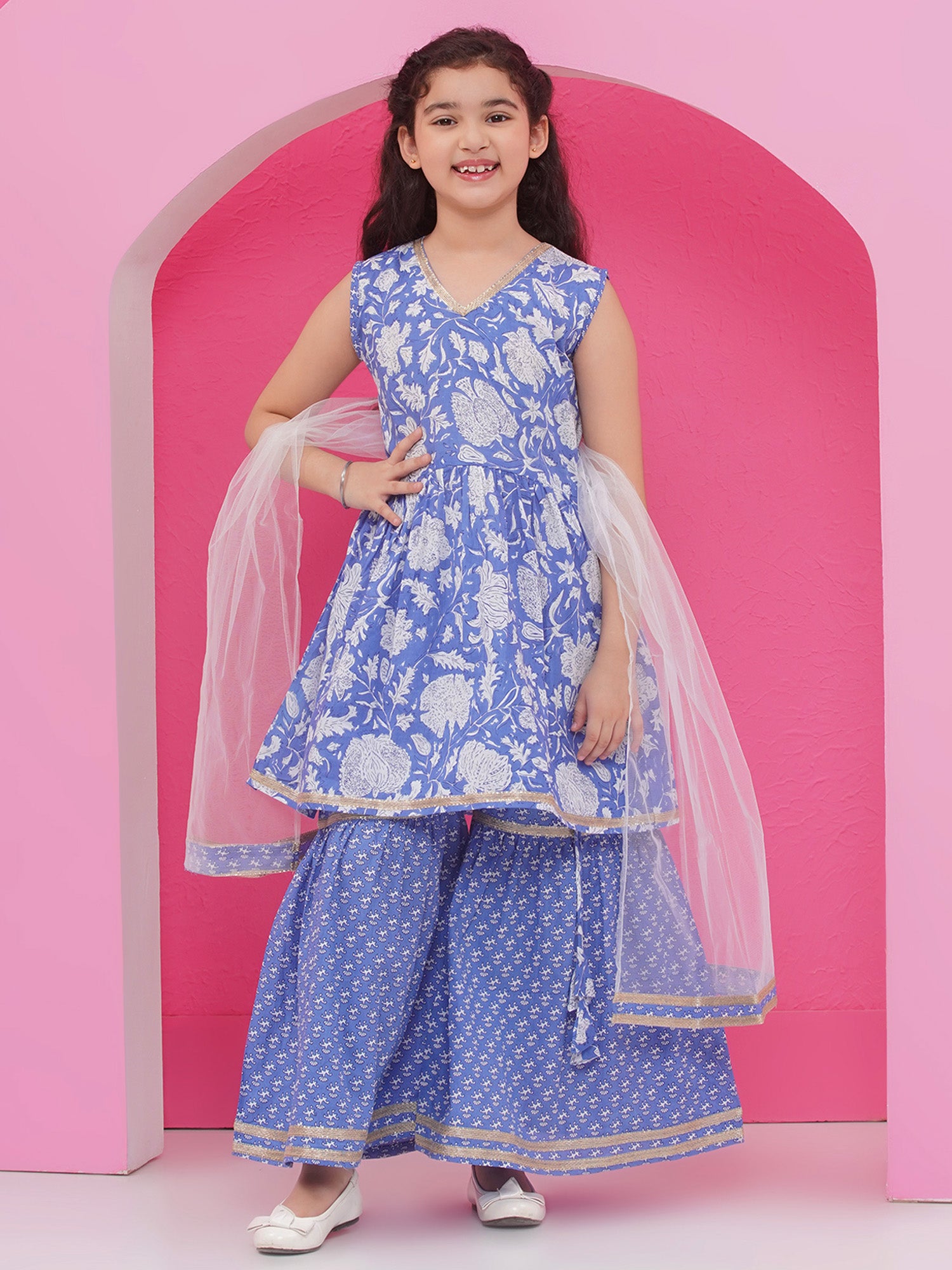 Blue Pure Cotton Sleeveless Floral Print Sharara Set for Girls - AJ Dezines