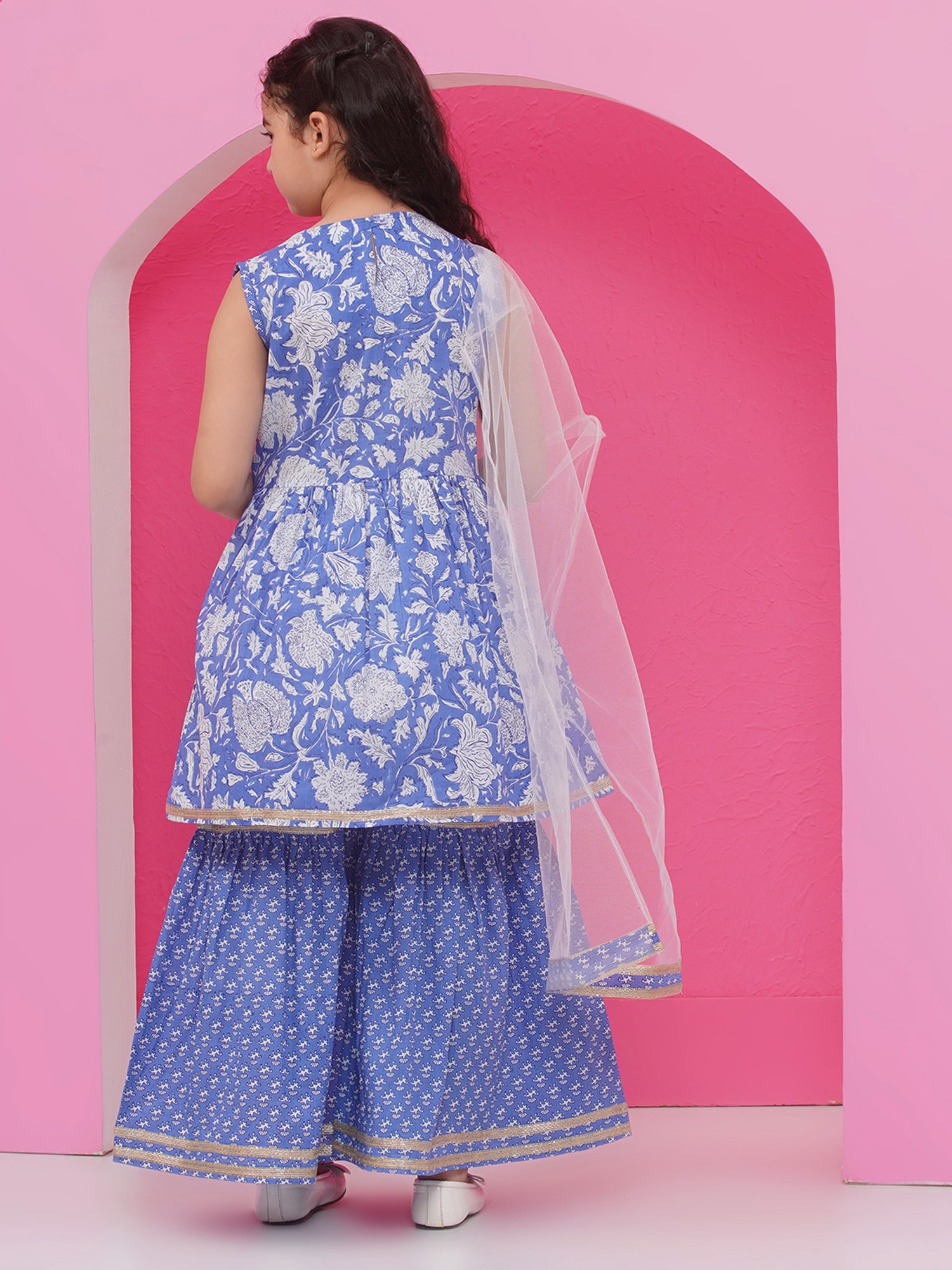 Blue Pure Cotton Sleeveless Floral Print Sharara Set for Girls - AJ Dezines
