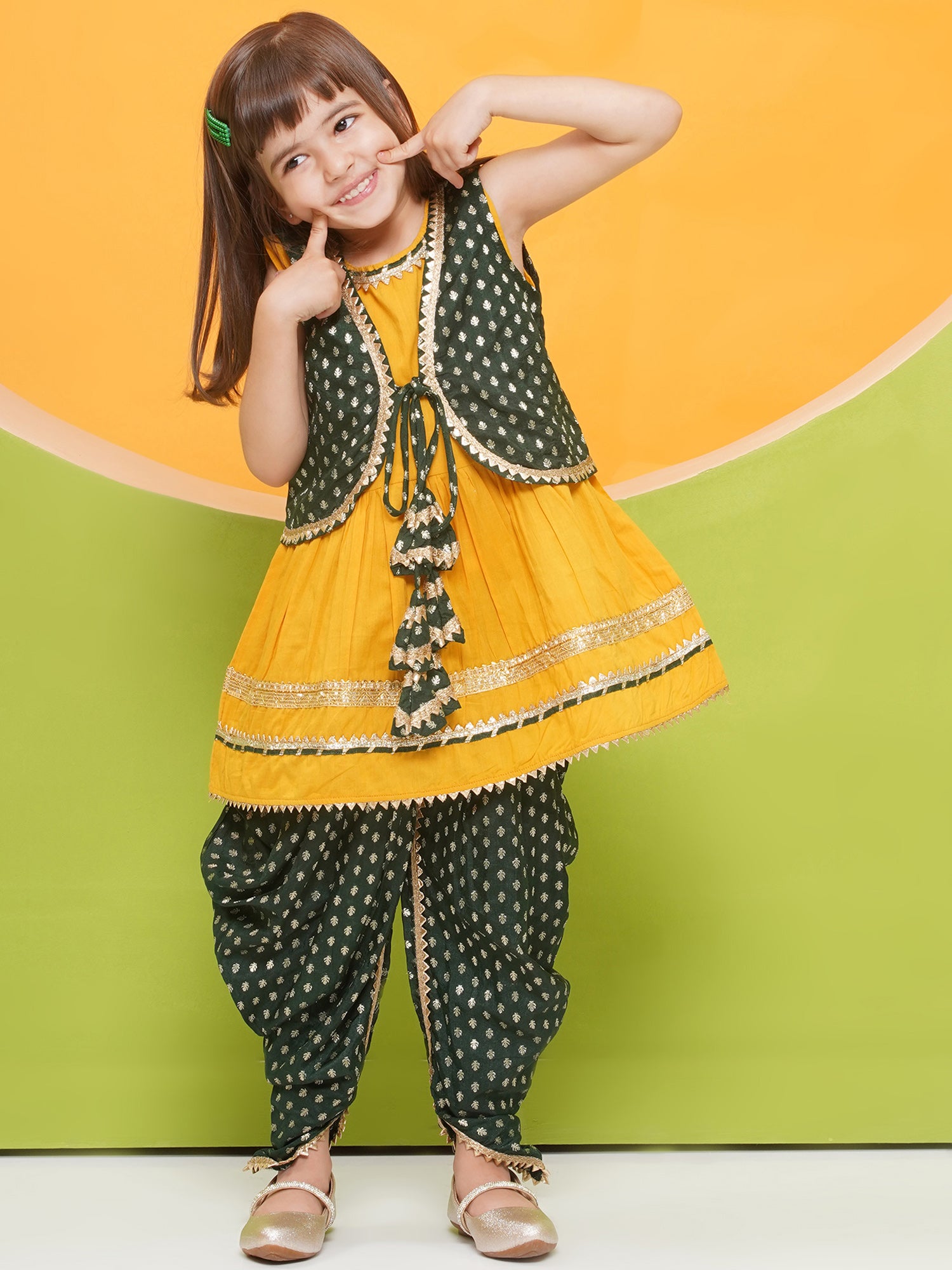 Yellow Poly Chanderi Sleeveless Motif Print Girls Dhoti Style Suit Set With Dark Green Half Jacket For Girls - AJ Dezines
