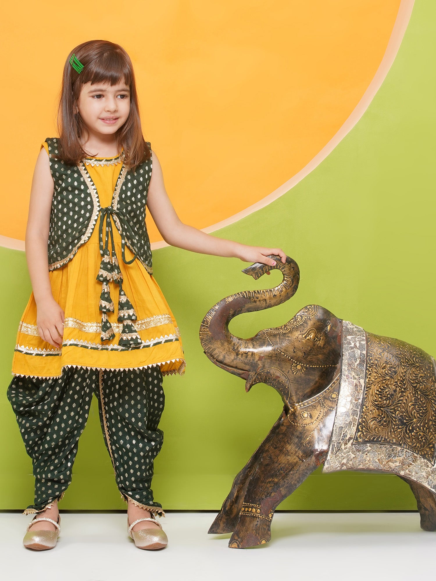 Yellow Poly Chanderi Sleeveless Motif Print Girls Dhoti Style Suit Set With Dark Green Half Jacket For Girls - AJ Dezines