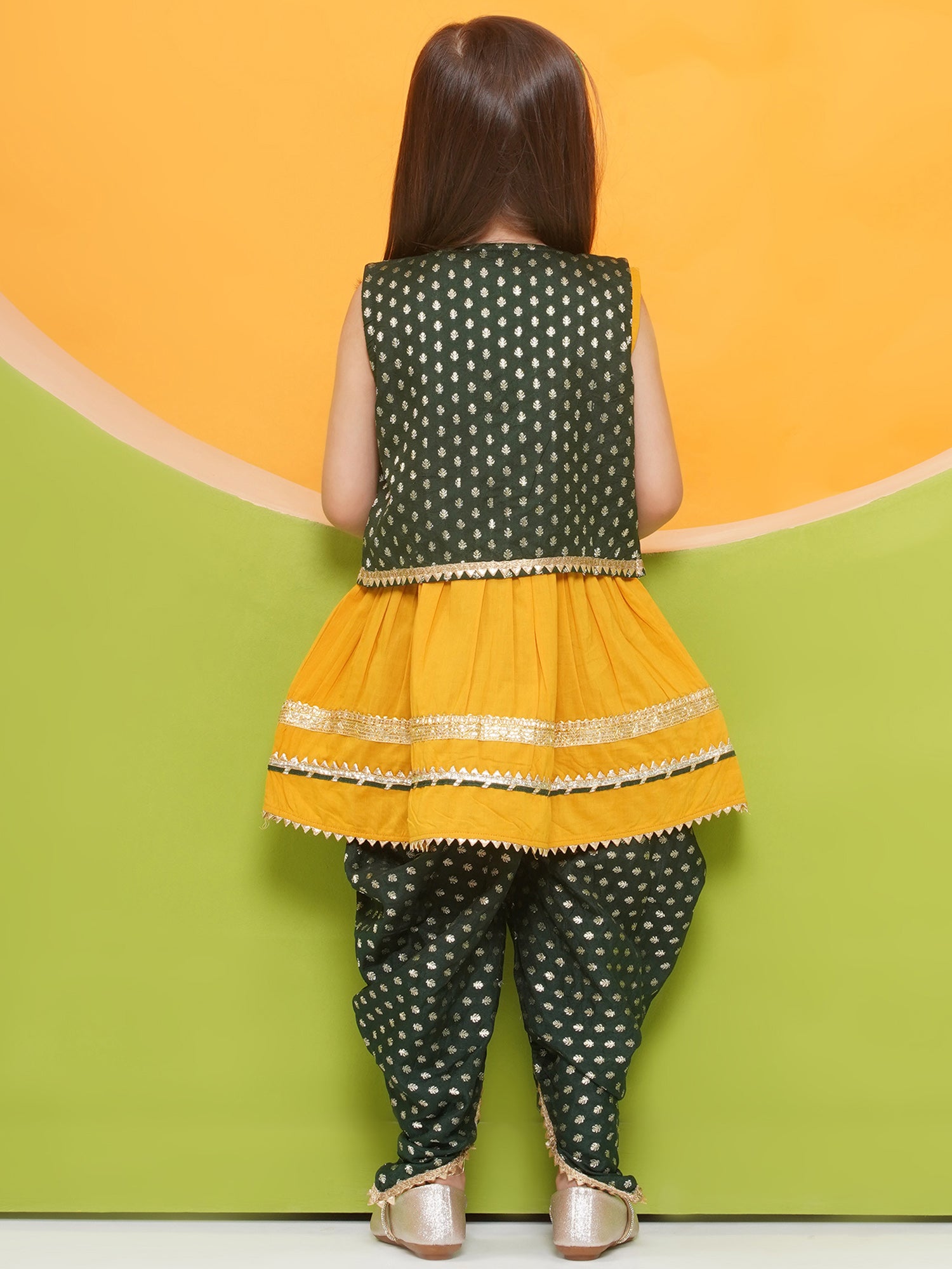 Yellow Poly Chanderi Sleeveless Motif Print Girls Dhoti Style Suit Set With Dark Green Half Jacket For Girls - AJ Dezines