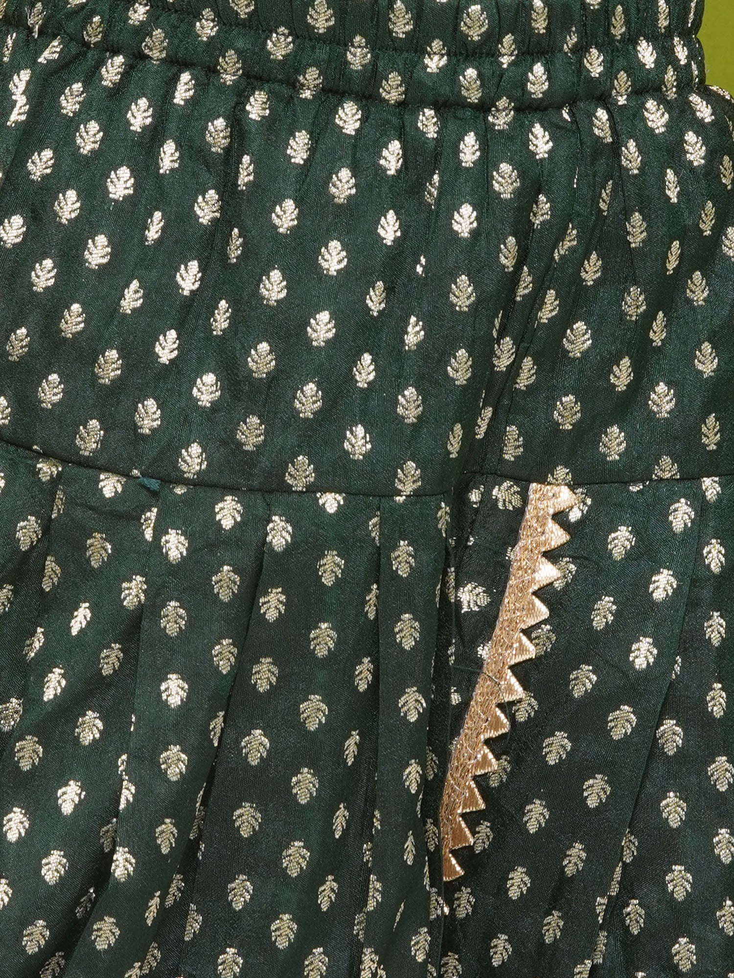 Yellow Poly Chanderi Sleeveless Motif Print Girls Dhoti Style Suit Set With Dark Green Half Jacket For Girls - AJ Dezines