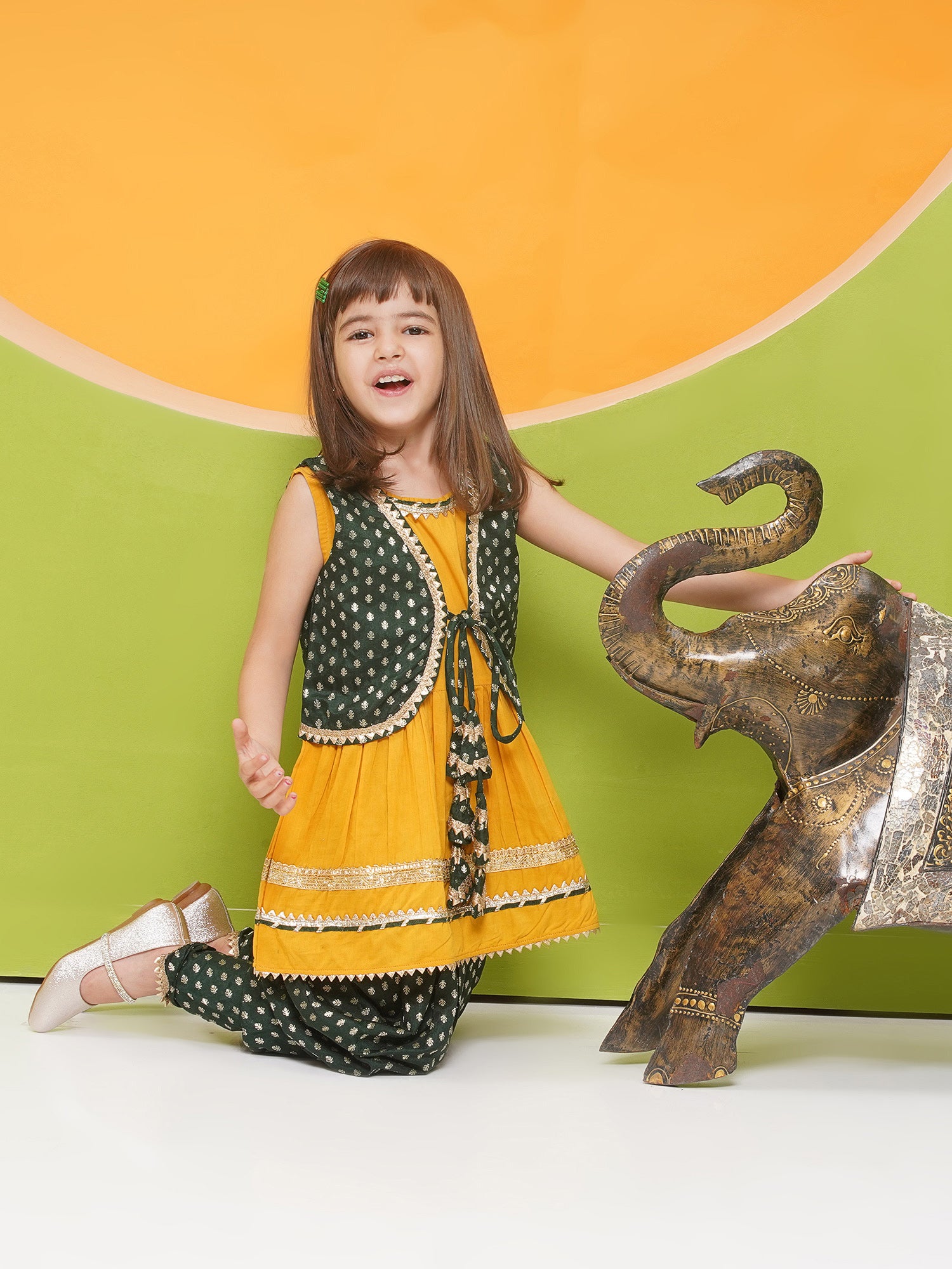 Yellow Poly Chanderi Sleeveless Motif Print Girls Dhoti Style Suit Set With Dark Green Half Jacket For Girls - AJ Dezines